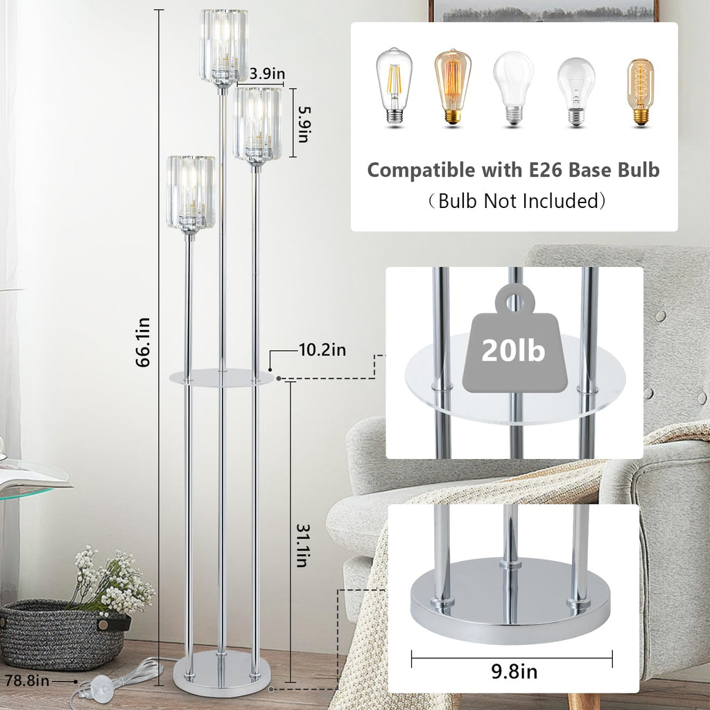 HMVPL Gold Floor Lamps for Living Room, Modern Floor Lamp with Shelves, Crystal Standing Lamps with Table, Brass Tall Lamp with Crystal Shade, On/Off Switch, Mid Century Corner Floor Lamp for Bedroom