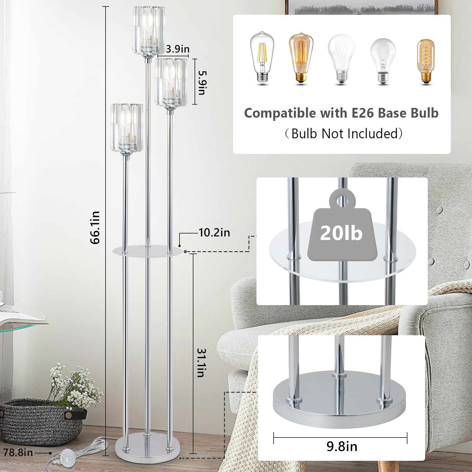 HMVPL Gold Floor Lamps for Living Room, Modern Floor Lamp with Shelves, Crystal Standing Lamps with Table, Brass Tall Lamp with Crystal Shade, On/Off Switch, Mid Century Corner Floor Lamp for Bedroom