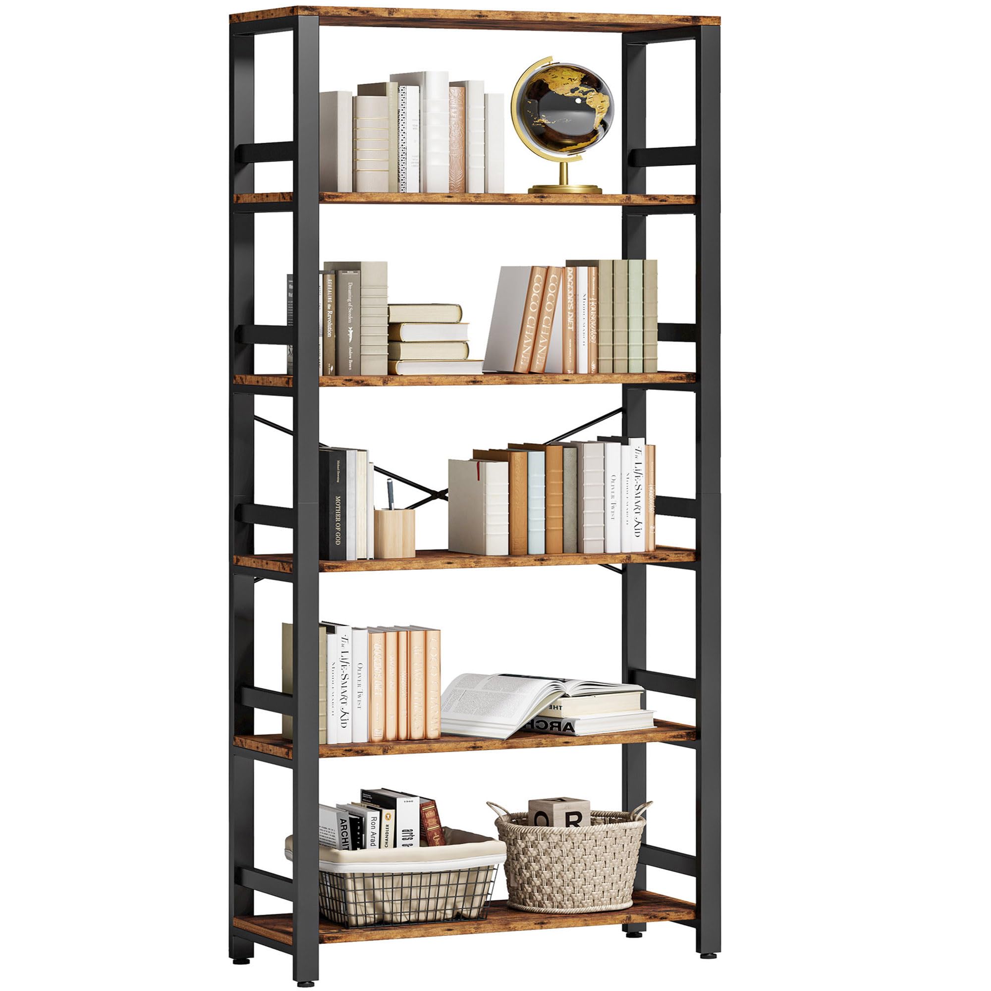 IRONCK Bookshelf, 31.5in Wide Shelf 6 Tier Bookcase, 110lbs/shelf Vintage Industrial Style Bookshelves for Bedroom, Living Room and Home Office, Industrial Brown