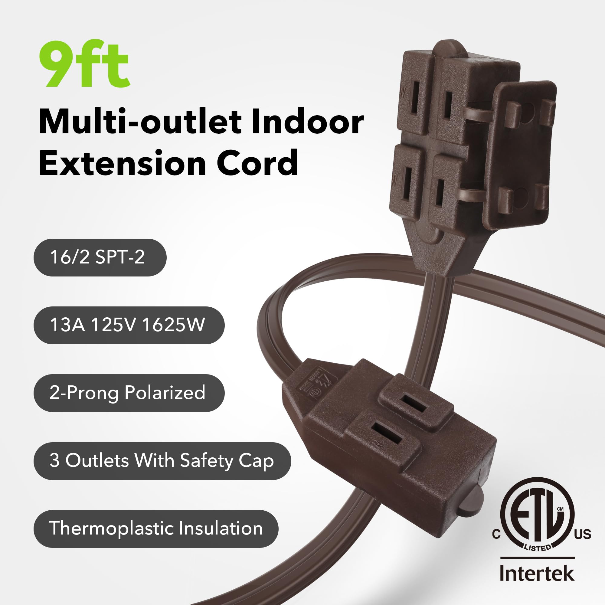 BN-LINK 6ft Indoor Extension Cord, 2 Pack, 3-Outlet Polarized Flat Cable, Household Power Cord for Home, Office, and Holiday Decorations, Black
