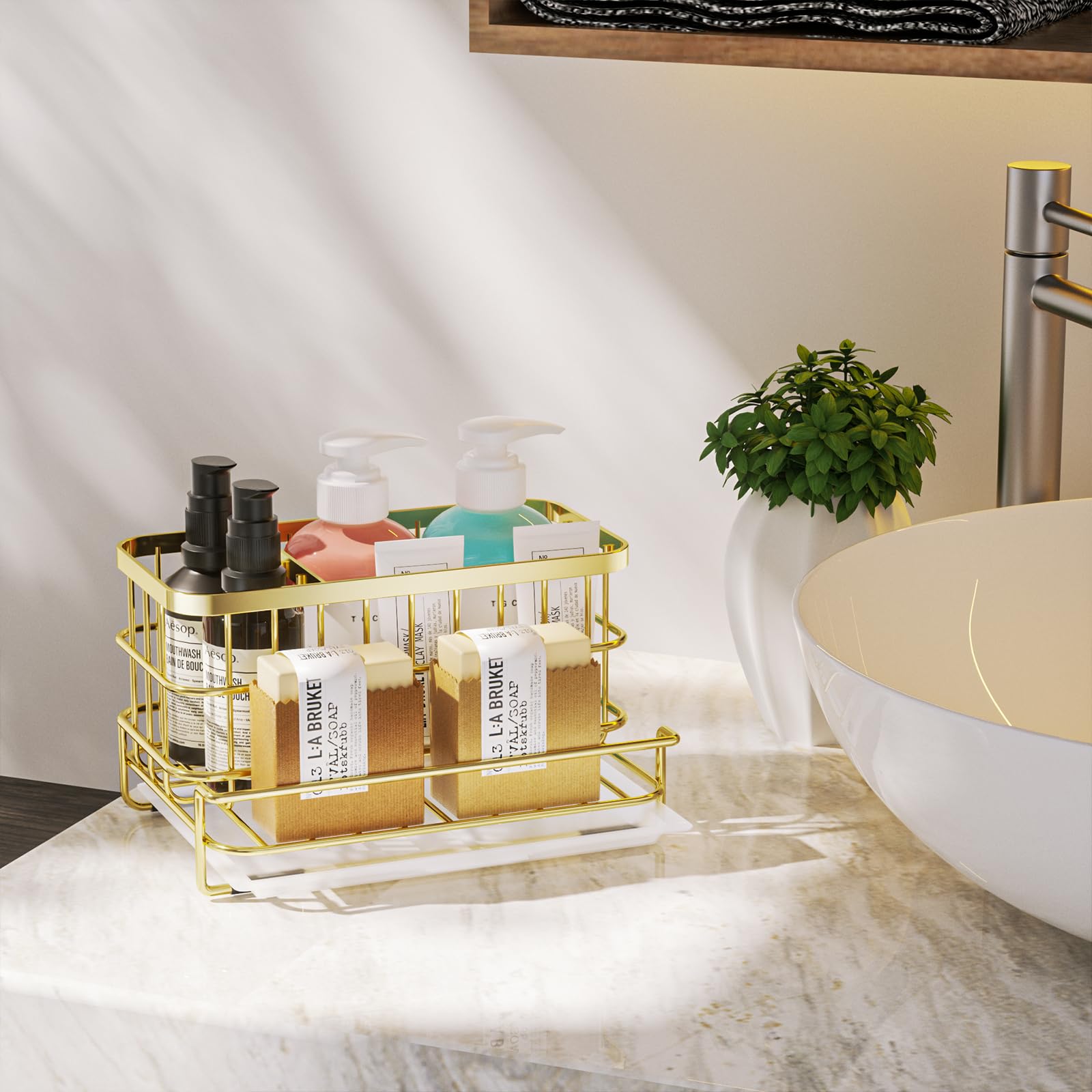 HapiRm Kitchen Sink Organizer, SUS304 Stainless Steel Rustproof Multifunctional Large Sink Caddy with Sponge Holder and Drain Tray for Kitchen Countertop (Silver)