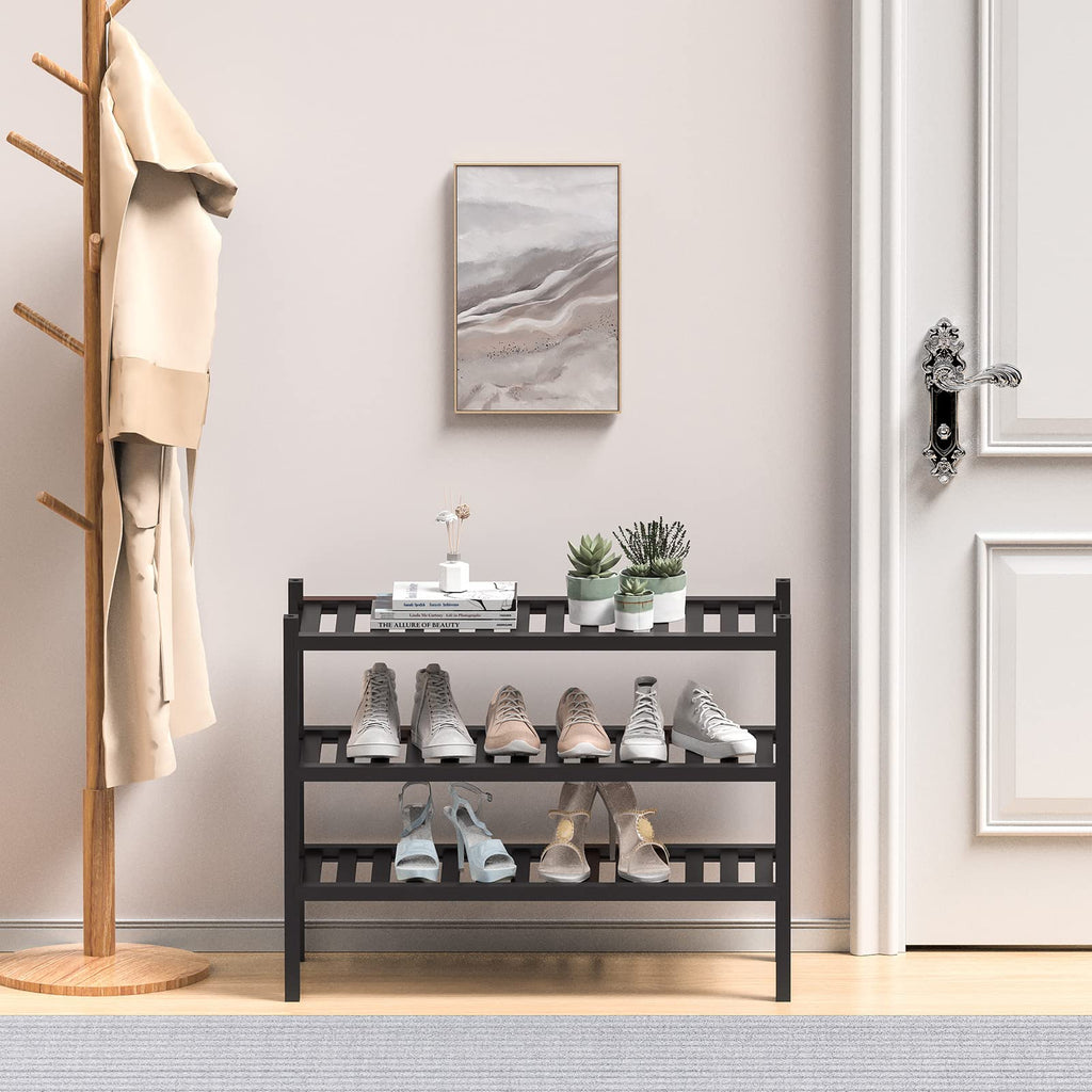 ROMGUAR CRAFT 2-Tier Bamboo Long Shoe Rack, Free Standing Wood Shoe Shelf Storage Organizer for Closet Entryway Stackable 35"x11"x13" (Black)