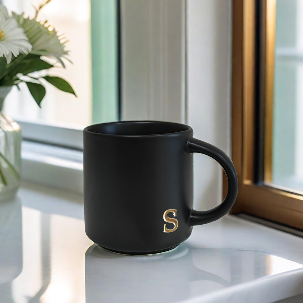 COLLECTIVE HOME - Black Monogram Ceramic Mugs, 15 oz Golden Initial Coffee Cups, Elegant Alphabet Tea Mugs, Personalized Halloween Mug with Gift Box, Perfect for Office and Home Décor (a)
