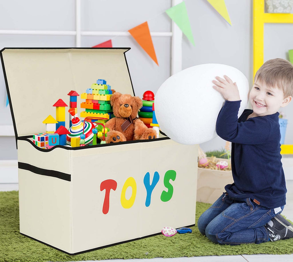YOLOXO Toy Box Chest, Collapsible Sturdy Storage Bins with Lids, Extra Large Kids Toy Storage Organizer Boxes Bins Baskets for Kids, Boys, Girls, Nursery Room, Playroom, Closet (BLACK)