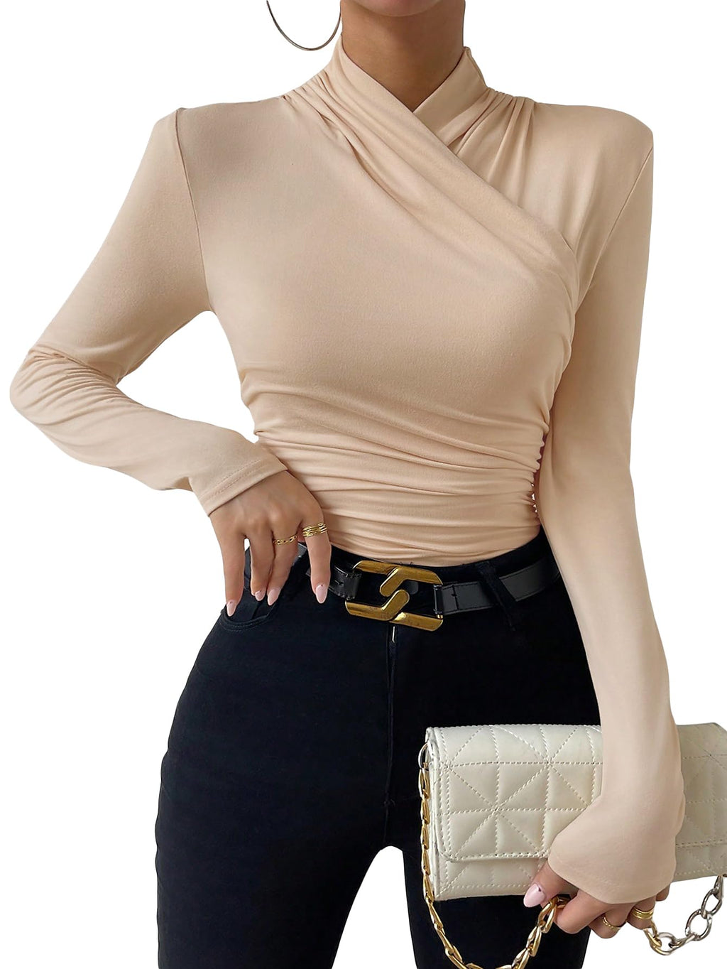 SweatyRocks Women's Ruched Mock Neck Long Sleeve T Shirt Solid Slim Fitted Tee Tops