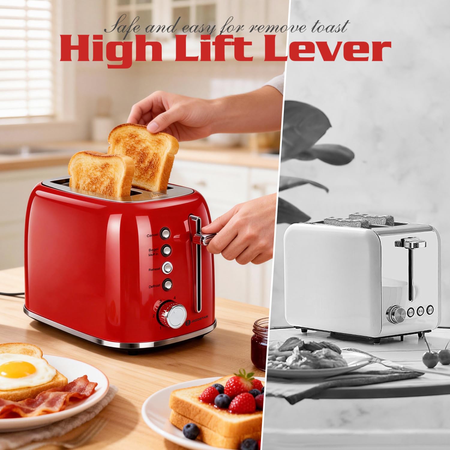 Aigostar Toaster 2 Slice Retro Toaster Stainless Steel, 1.6 inch Extra Wide Slots Bread Toaster Bagel, Cancel, Defrost Function, 6 Shade Settings & Removable Crumb Tray for Bread Waffle, Aqua Green
