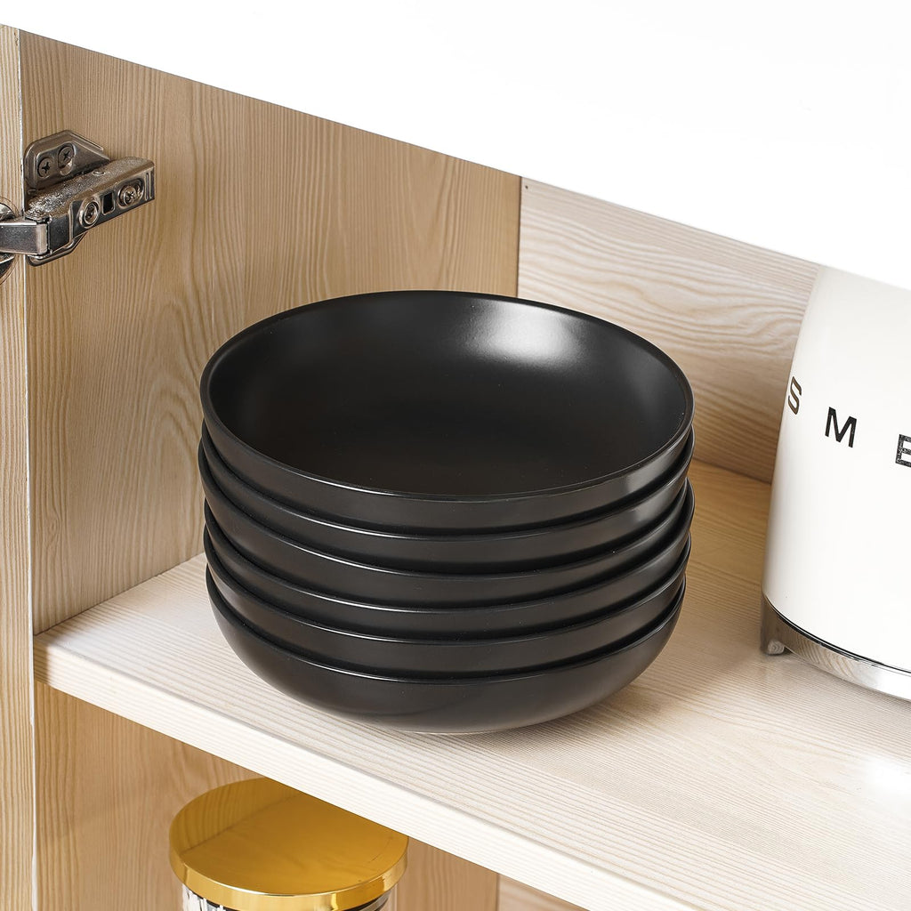 Selamica Ceramic 7.8 inch pasta bowls, 26 Ounce large serving porcelain salad soup bowls, dishwasher microwave safe, set of 6 (Black)