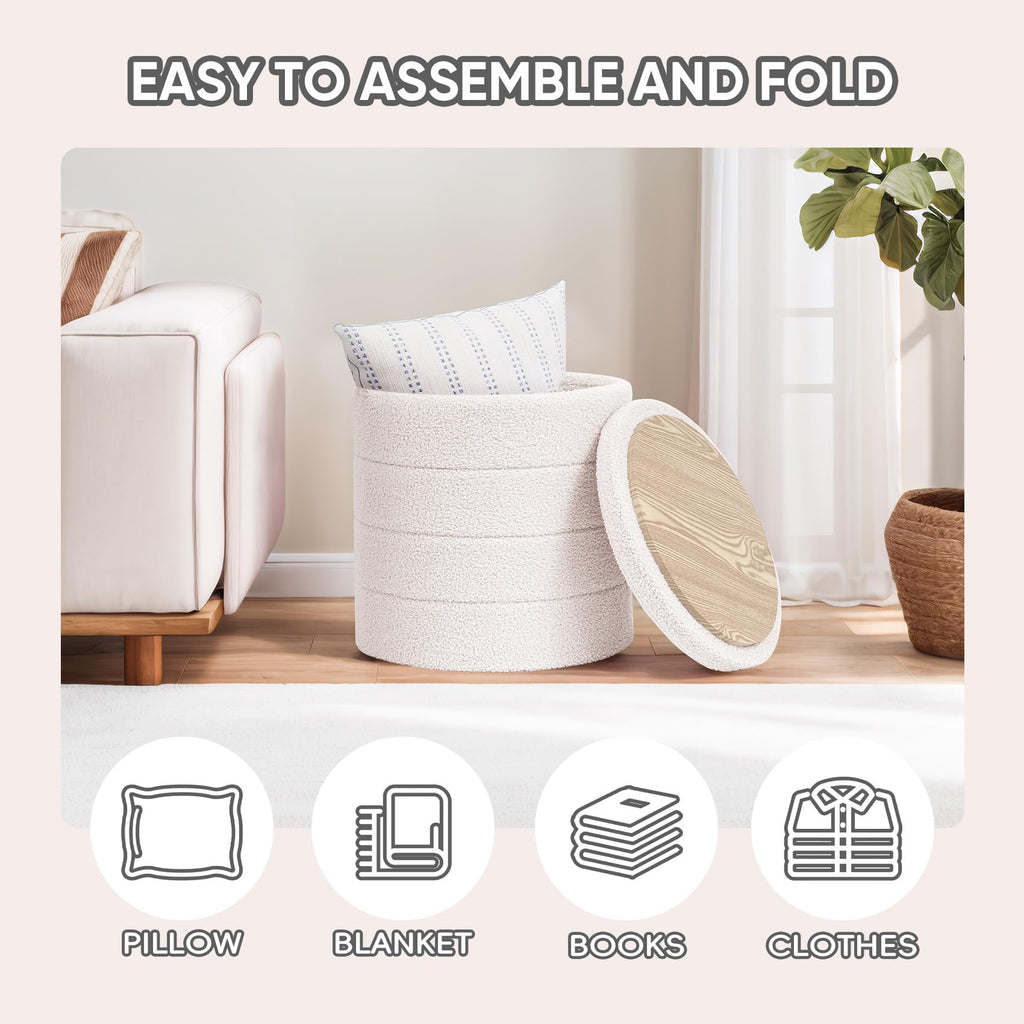 PINPLUS Round Storage Ottoman Foot Rest Stool with Tray Velvet Sherpa Folding Storage Ottoman,Boucle Foot Rest for Living Room, Bedroom, Dorm（Beige）