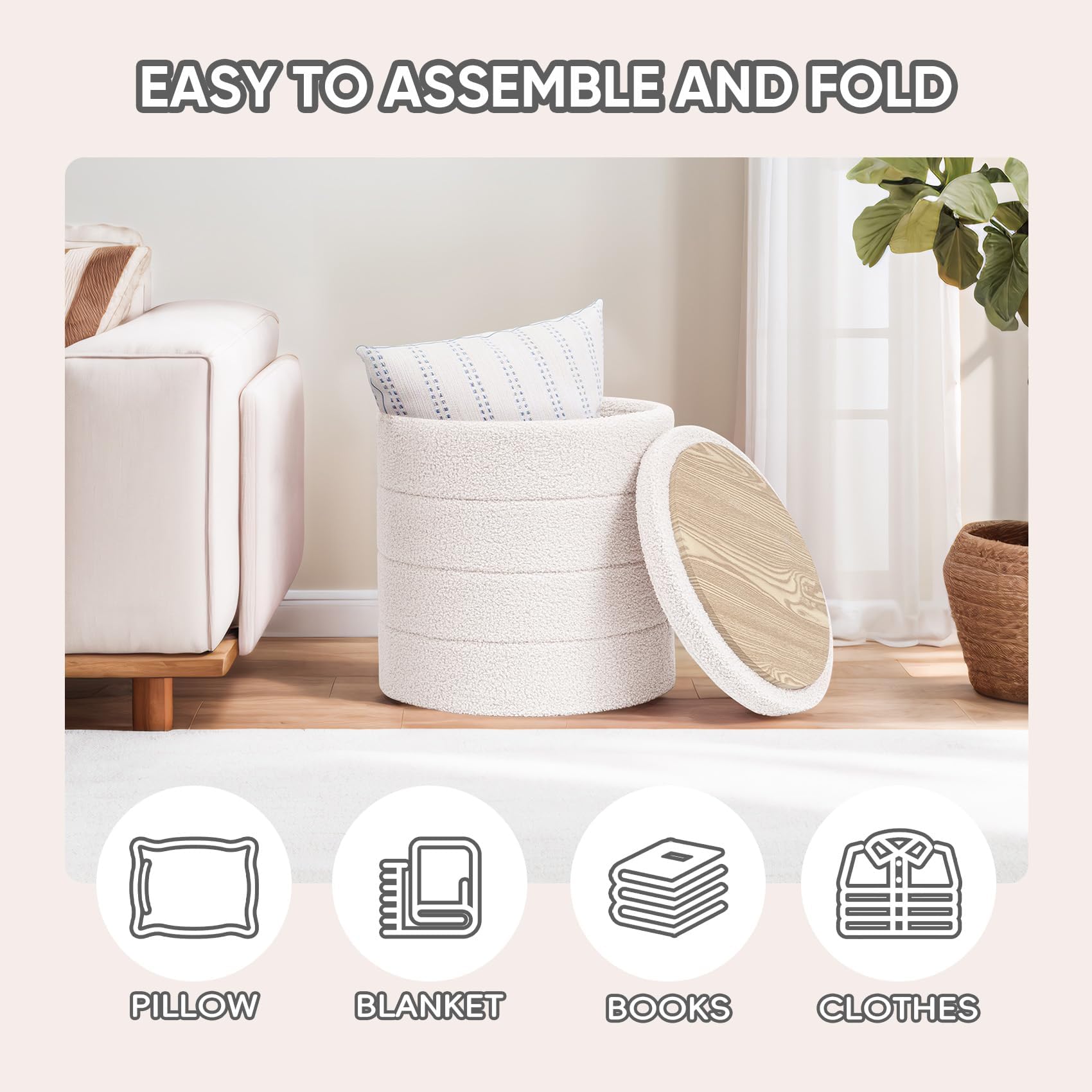 PINPLUS Round Storage Ottoman Foot Rest Stool with Tray Velvet Sherpa Folding Storage Ottoman,Boucle Foot Rest for Living Room, Bedroom, Dorm（Beige）