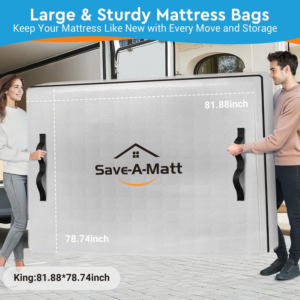 SaveAMatt Mattress Bags for Moving -Extra Thick Queen Mattress Storage Bag, 8 Strong Handles & Reinforced Stitching, Waterproof Reusable Clear Mattress Cover Protector (82’’x63’’x15’’ Queen Size)