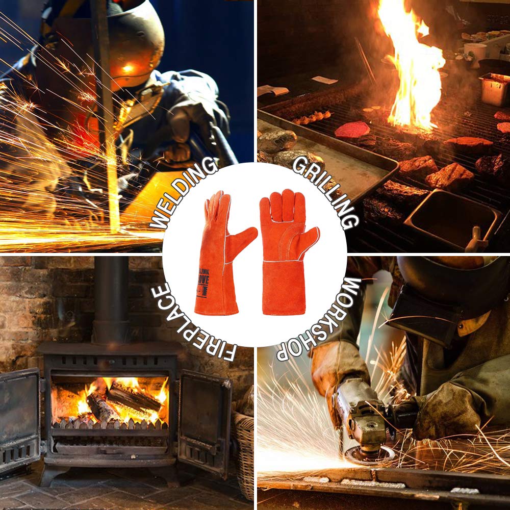 QeeLink Welding Gloves - Heat Resistant Leather and Fireproof Stitching for Fireplace Fire Pit Wood Stove BBQ Gardening Gear