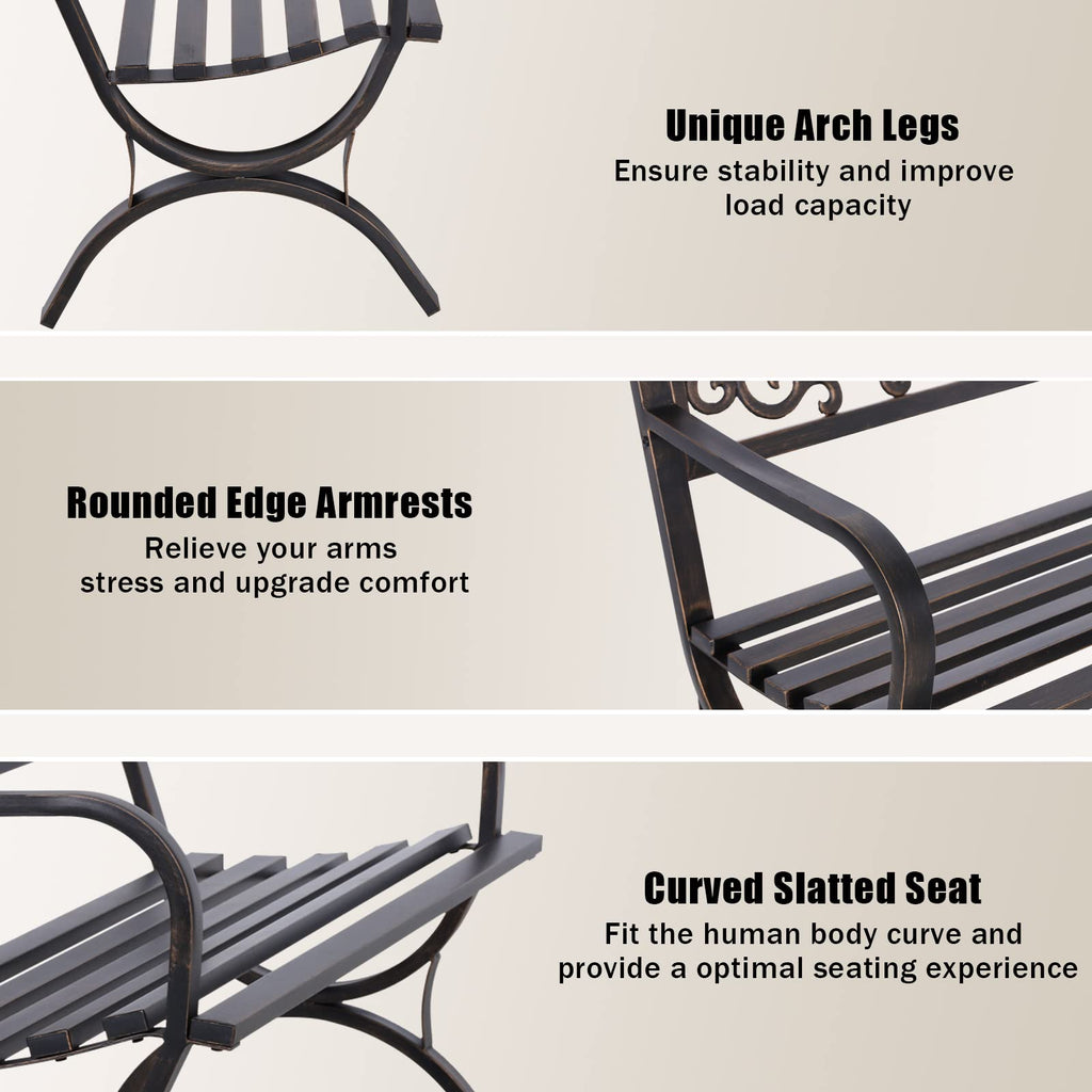 MFSTUDIO 50 Inches Outdoor Garden Bench, Cast Iron Metal Frame Patio Park Bench with Floral Pattern Backrest, Arch Legs for Porch Lawn Garden Yard(Black)
