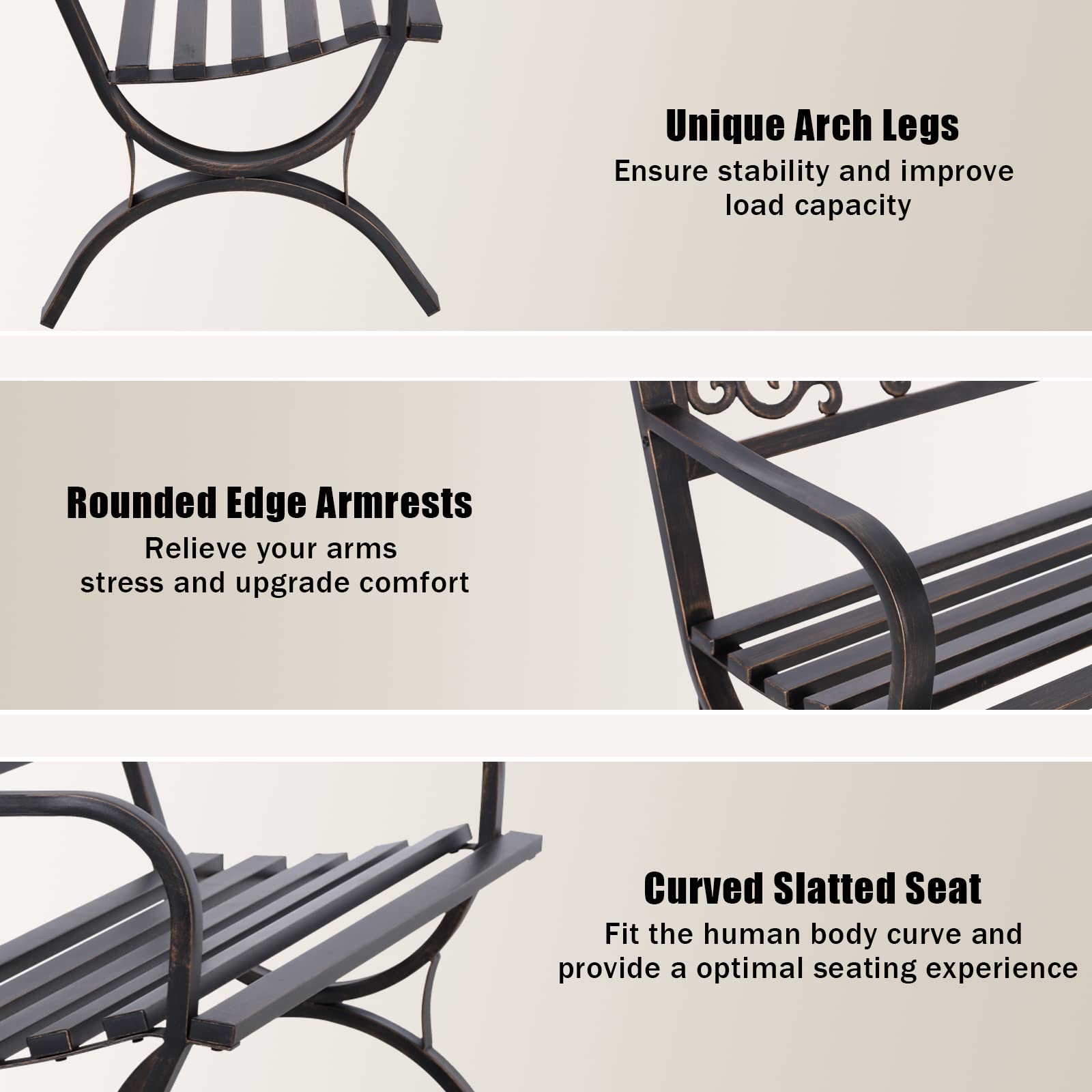MFSTUDIO 50 Inches Outdoor Garden Bench, Cast Iron Metal Frame Patio Park Bench with Floral Pattern Backrest, Arch Legs for Porch Lawn Garden Yard(Black)