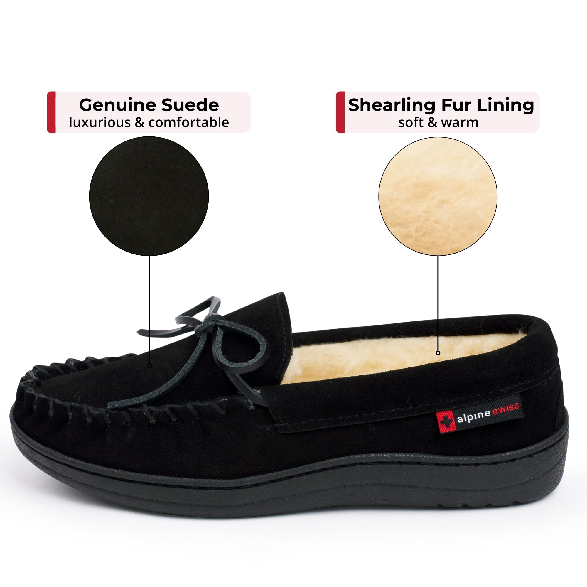 Alpine Swiss Sabine Womens Moccasin Slippers Genuine Suede House Shoe Memory Foam Insole Plush Faux Shearling Fur Indoor Outdoor Anti-Slip Rubber Sole
