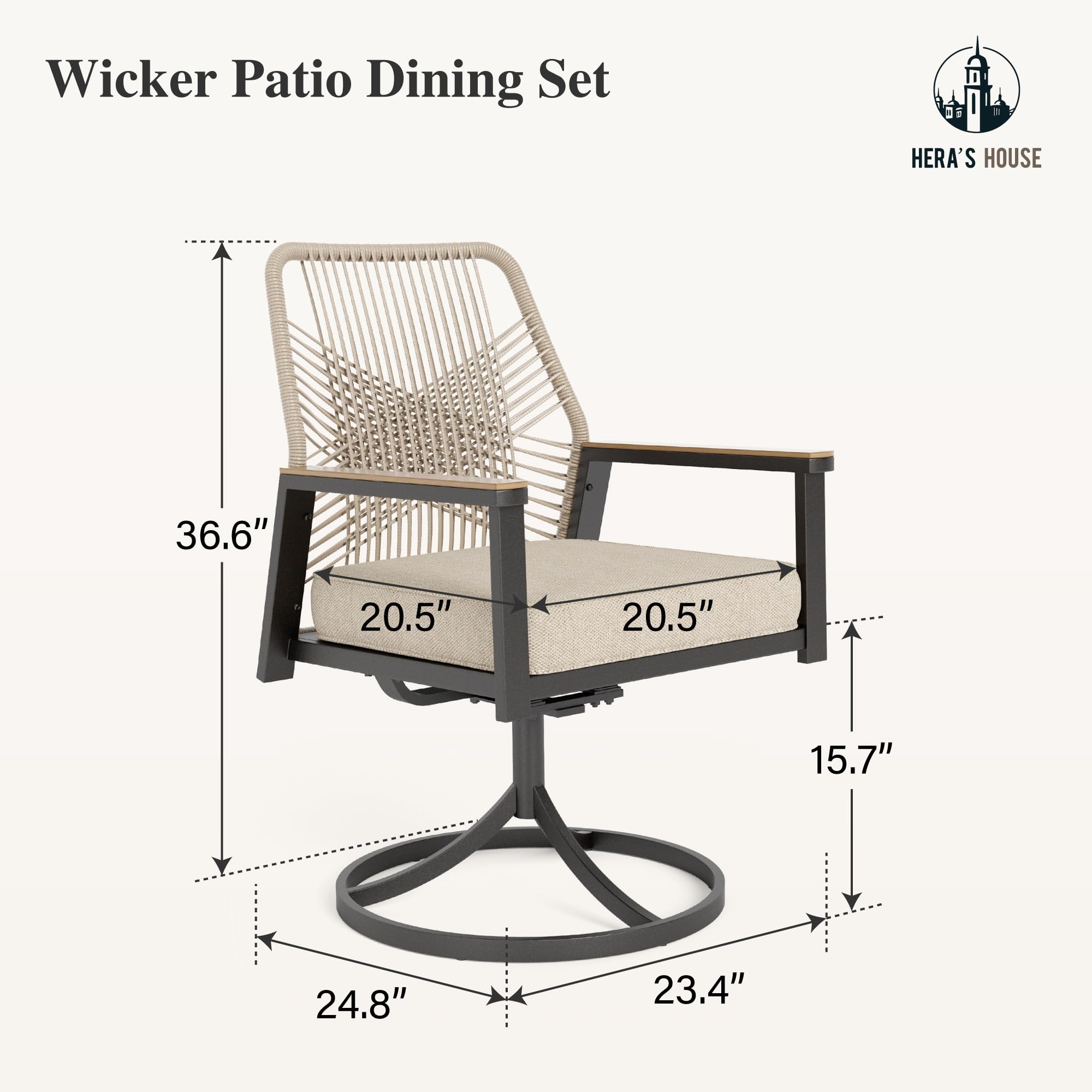 HERA'S HOUSE Outdoor Chairs Set of 2, 36.6" Rattan Dining Chairs with Heavy-Duty Wrought Iron Metal Frame, All-Weather Patio Chair for Garden Lawn Backyard Kitchen Deck
