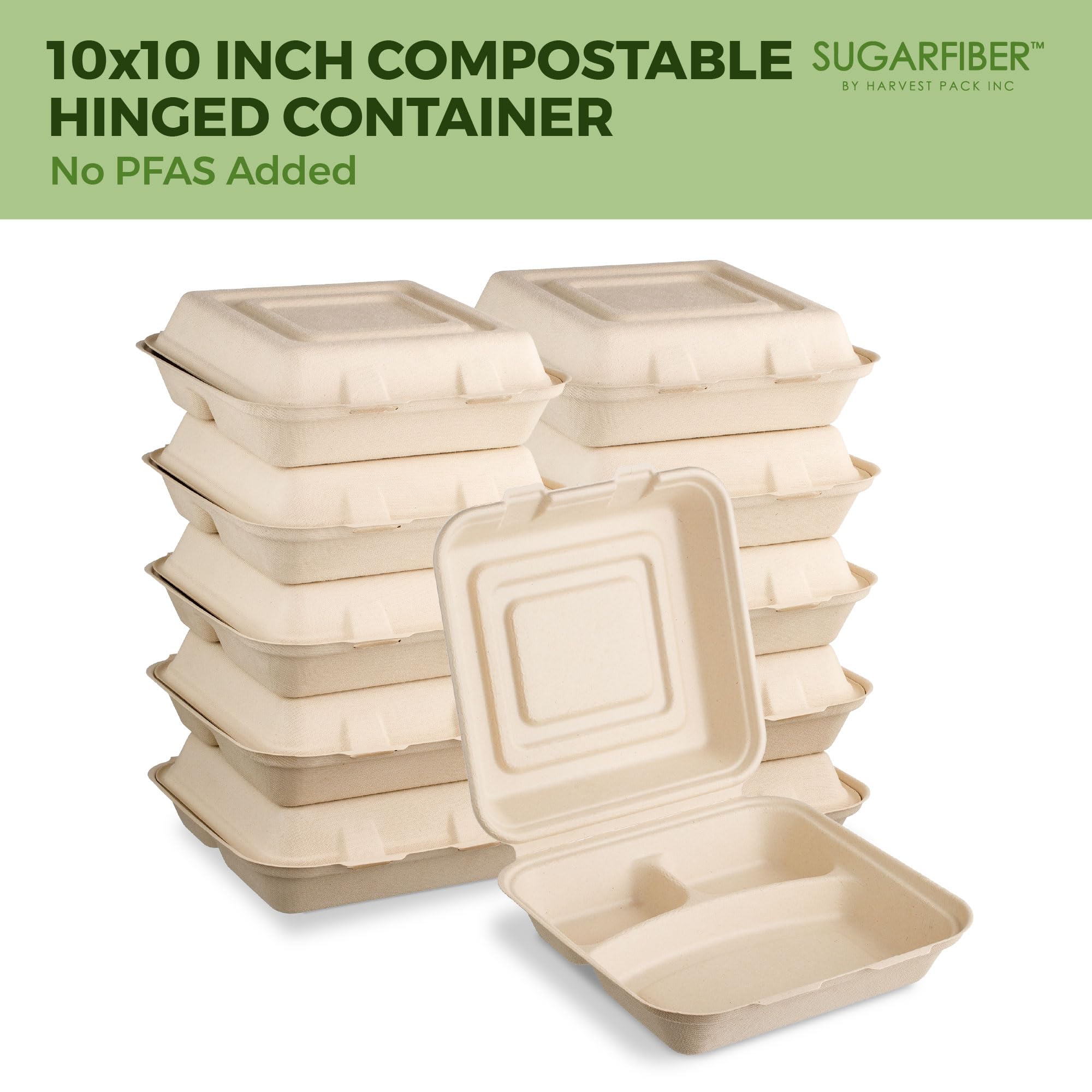 [50 COUNT]Harvest Pack 6 X 6" Compostable Clamshell Take Out Food Containers, PFAS FREE Square To go Containers with Lids, Heavy-Duty Disposable Bagasse Bento Cake Box, Eco-Friendly Sugarcane Fibers