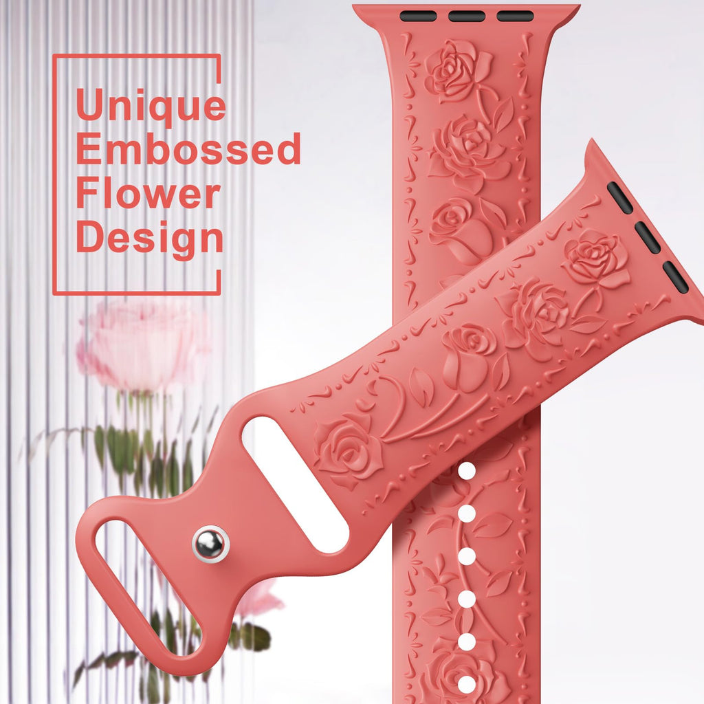 Floral Engraved Band Compatible with Apple Watch Band 40mm 41mm 38mm 42mm 44mm 45mm 46mm 49mm Women, Soft Silicone Cute Embossed Flower Strap for iWatch Band Series SE Ultra 11 10 9 8 7 6 5 4 3 2 1