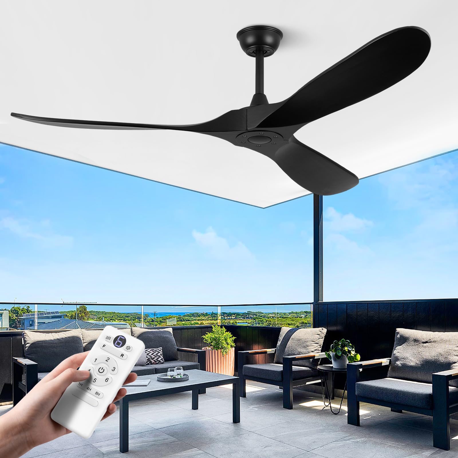 ABZ Ceiling Fans without Lights - 52 Inch Modern Ceiling Fans no Lights with Remote Control, Black 3 Blade Solid Wood Indoor Outdoor Ceiling Fans for Patios Living Room Bedroom
