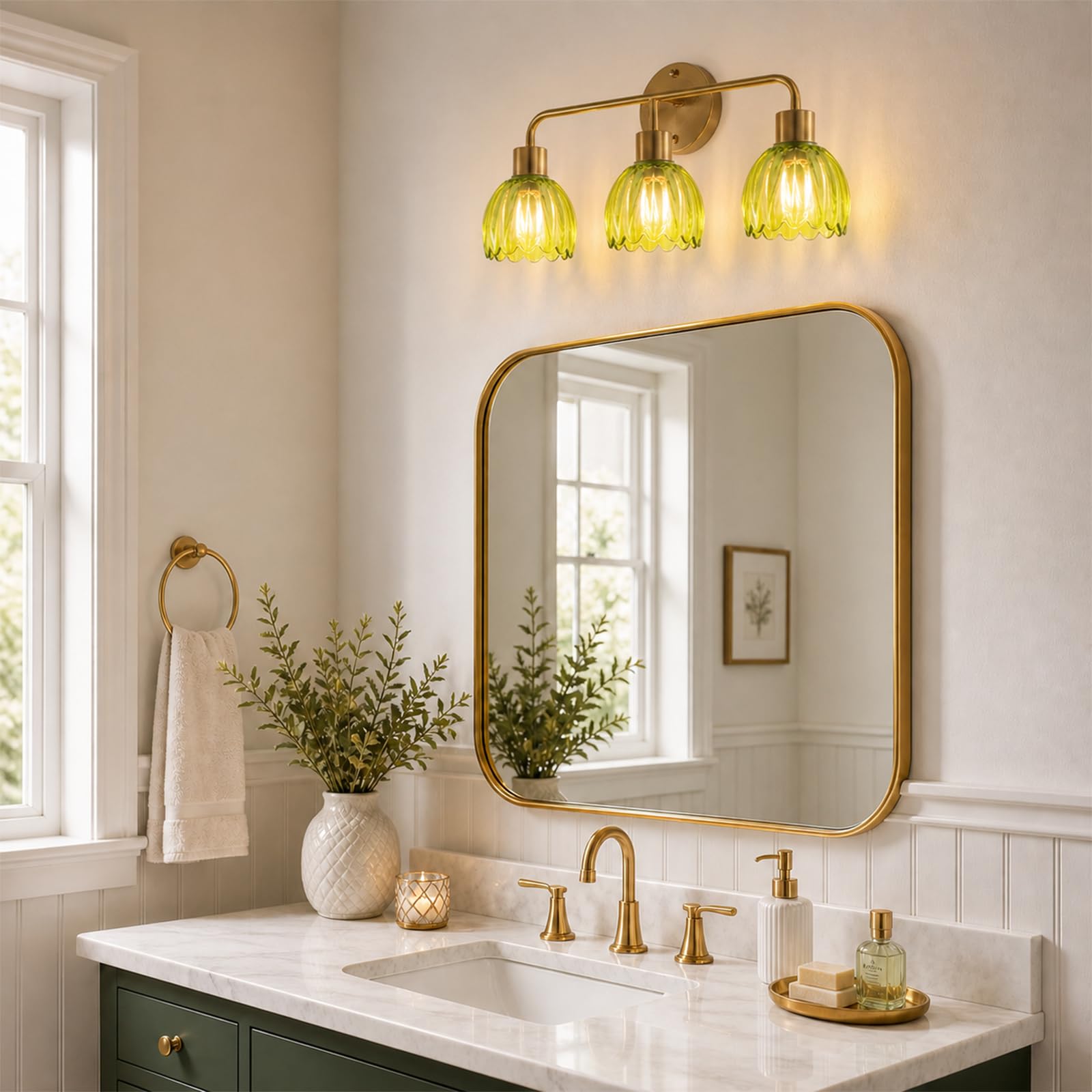 1-Light Gold Brass Bathroom Light Fixture,Wall Sconces set of 2,Brushed Gold Vanlity Light Over Mirror,Bathroom Vanity Light with White Tulip Glass Flower Shade,E26 Socket(Bulbs Not Included)