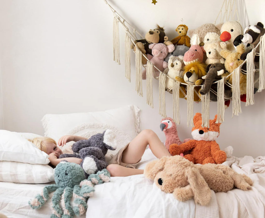 Stuffed Animal Hammock Corner with LED Light - Toy Storage Hammock Plushie Net Large - Cute Stuff Animals Holder Hanging Organizer - Baby Room Decor Kids Toddler Nursery Bedroom Boho