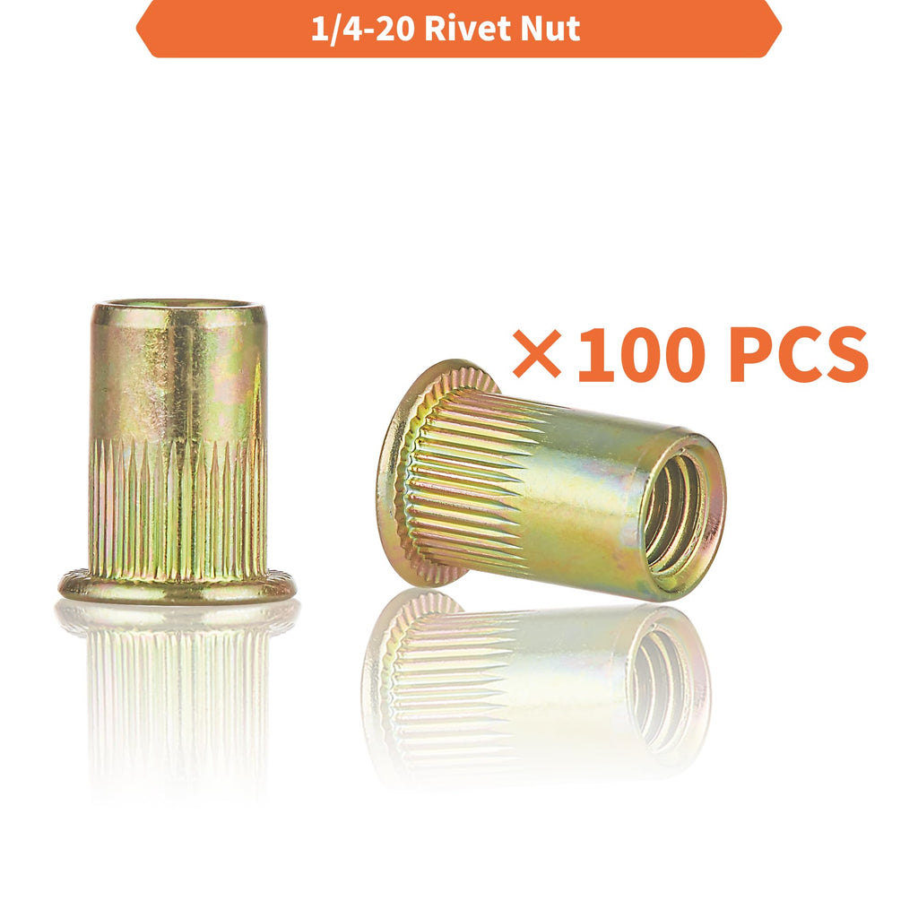 Rivet Nut Installation Tool Set Flat Head Rivnut Threaded Insert Nut Kit SAE & Metric for Metal Heavy Duty Zinc Plated Nutsert (1/4-20(Rivet Nut Tool-25pcs))