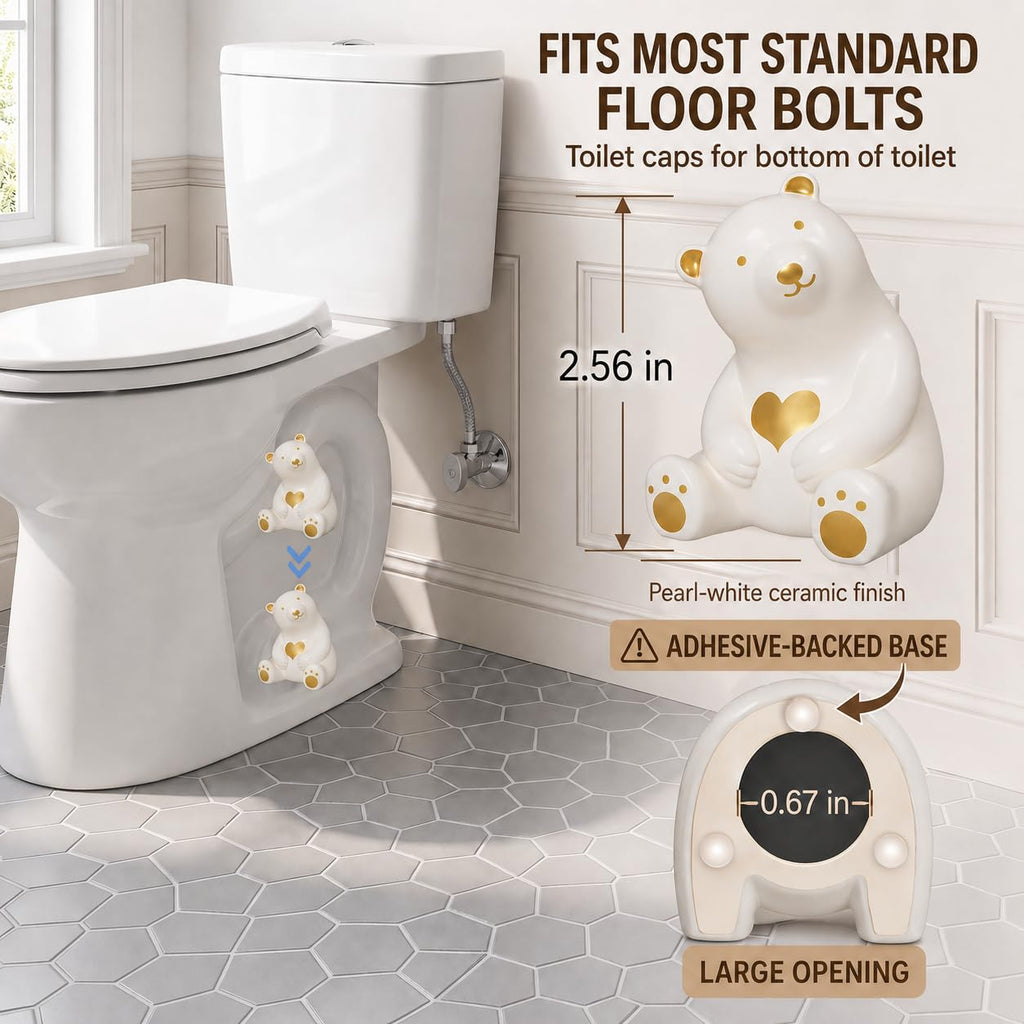 MENNTY Black Polar Bear Toilet Bolt Covers Decorative - 2 Glossy Black Ceramic Toilet Bolt Caps + 4 Universal Toilet Caps for Bottom of Toilet, Modern Monochrome Bathroom Decor