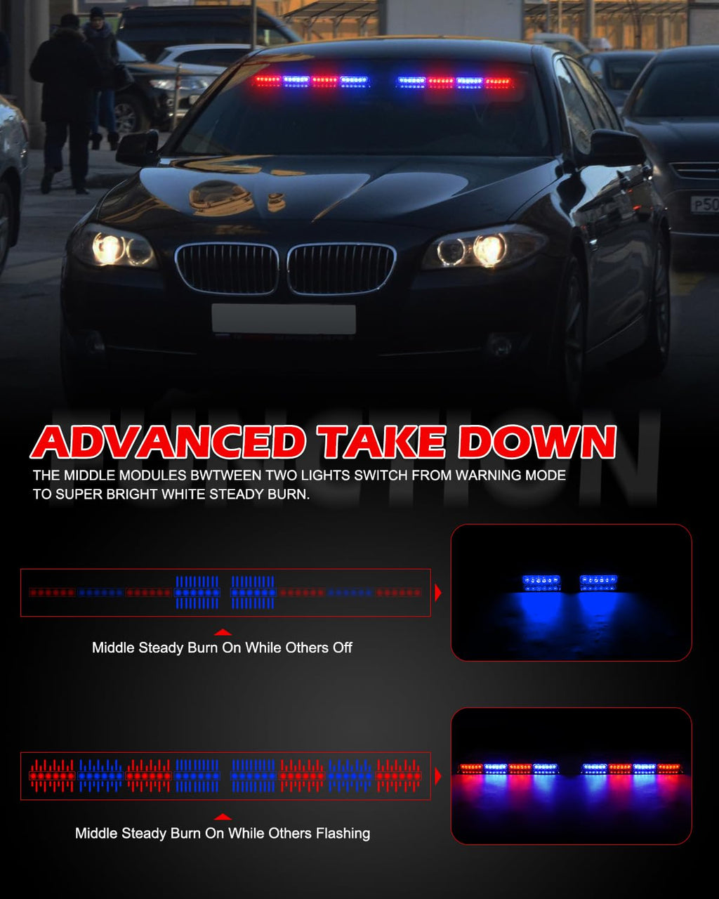 HLauto 604N Emergency Dash Strobe Lights: 2x16.8 inch Amber White Security Light w/Take Down, 48 LED Safety Flashing Warning Hazard Interior Windshield Light Bar for Truck Vehicle