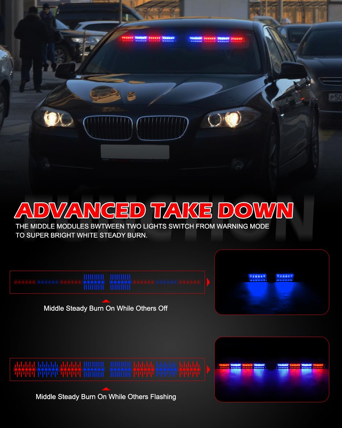 HLauto 604N Emergency Dash Strobe Lights: 2x16.8 inch Amber White Security Light w/Take Down, 48 LED Safety Flashing Warning Hazard Interior Windshield Light Bar for Truck Vehicle