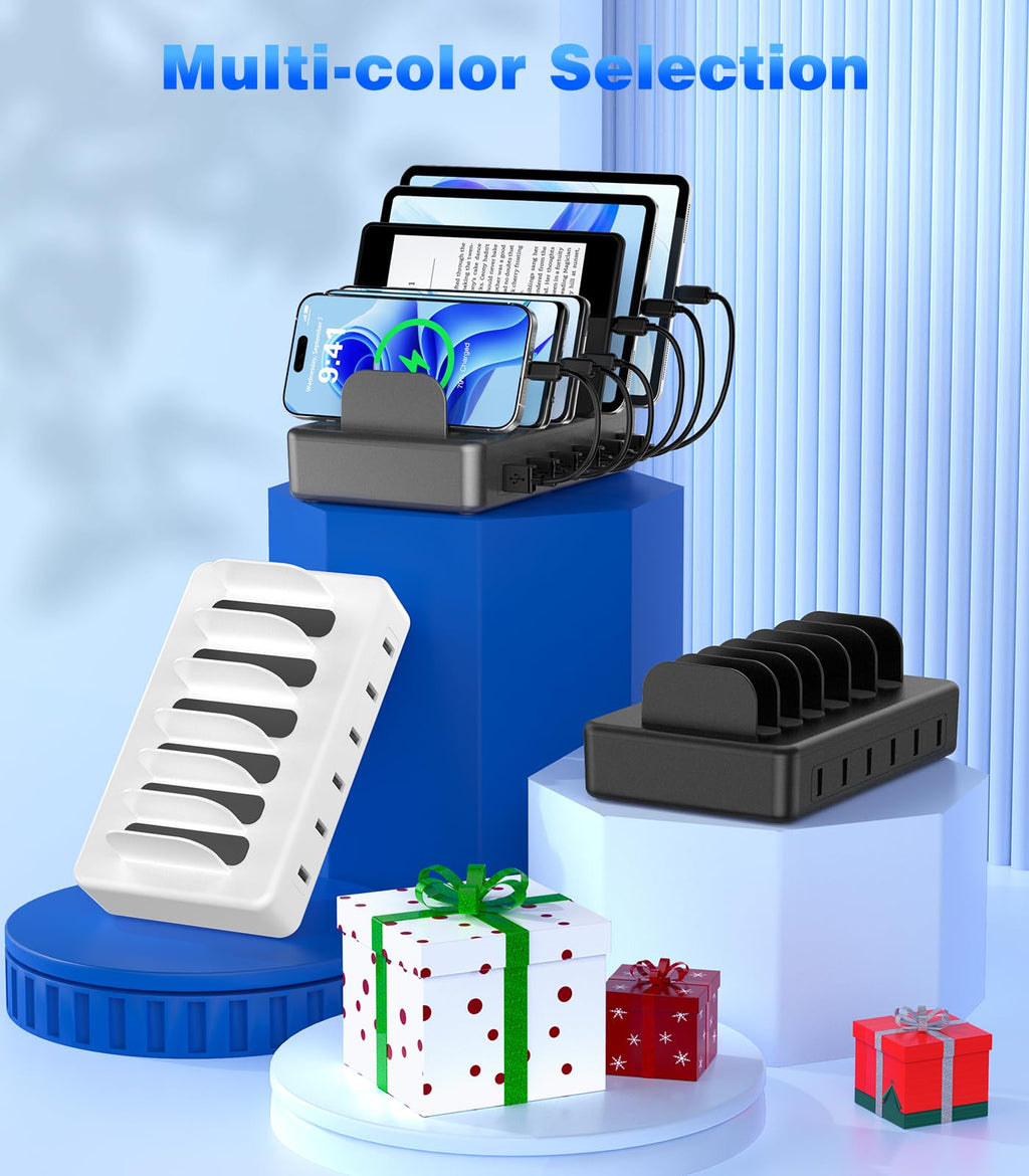 CREATIVE DESIGN 50W 6 Ports Multi Charger Station with 6 Charging Cables, USB Charging Dock for Multiple Devices, Compatible with Cellphone iPad Kindle Tablet and Other Electronic Devices