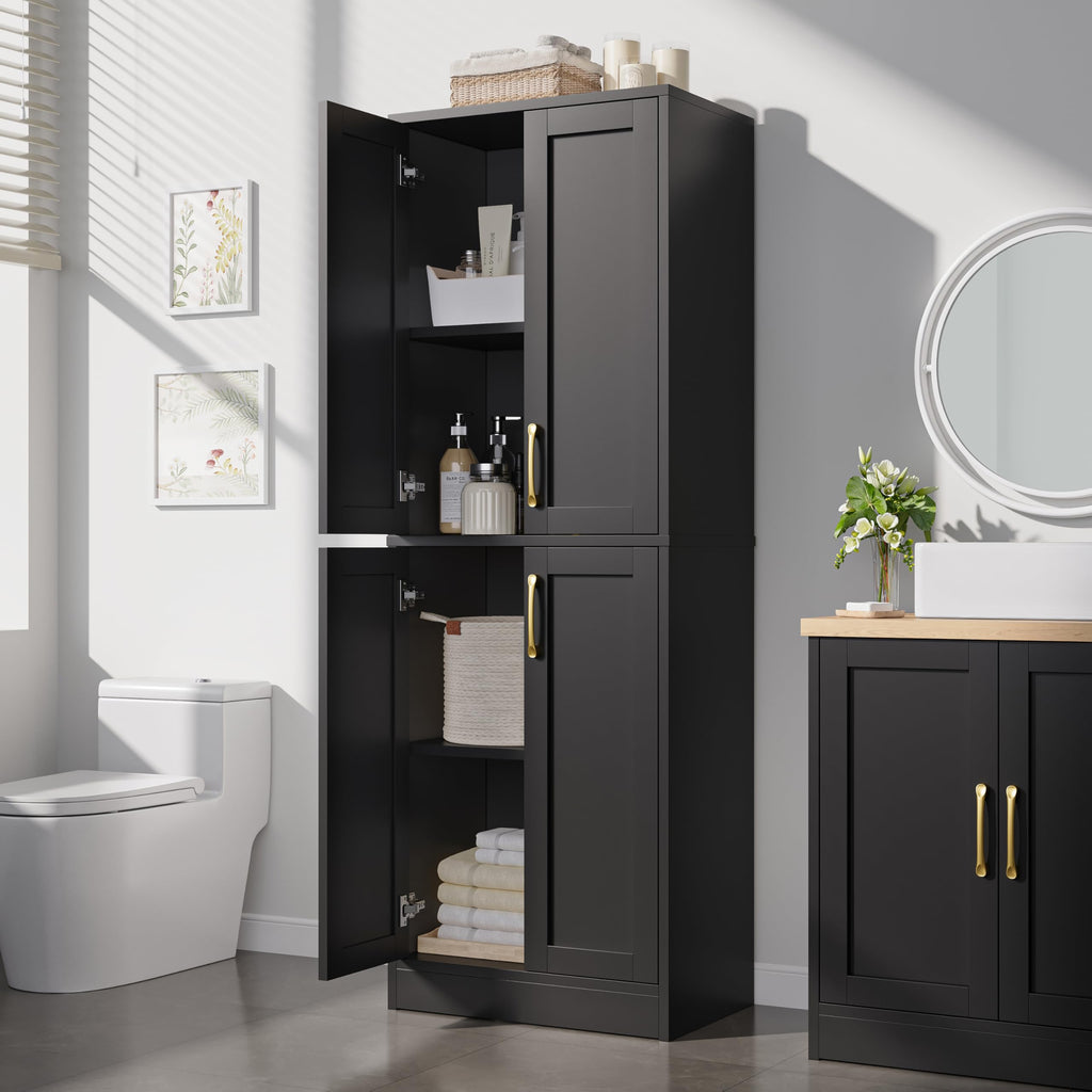 Pantry - Kitchen Pantry Cabinet with 4 Doors and Adjustable Shelves, Tall Black Cabinet Freestanding Storage Cupboard for Dining Room Living Room, Laundry, Bathroom (Black)