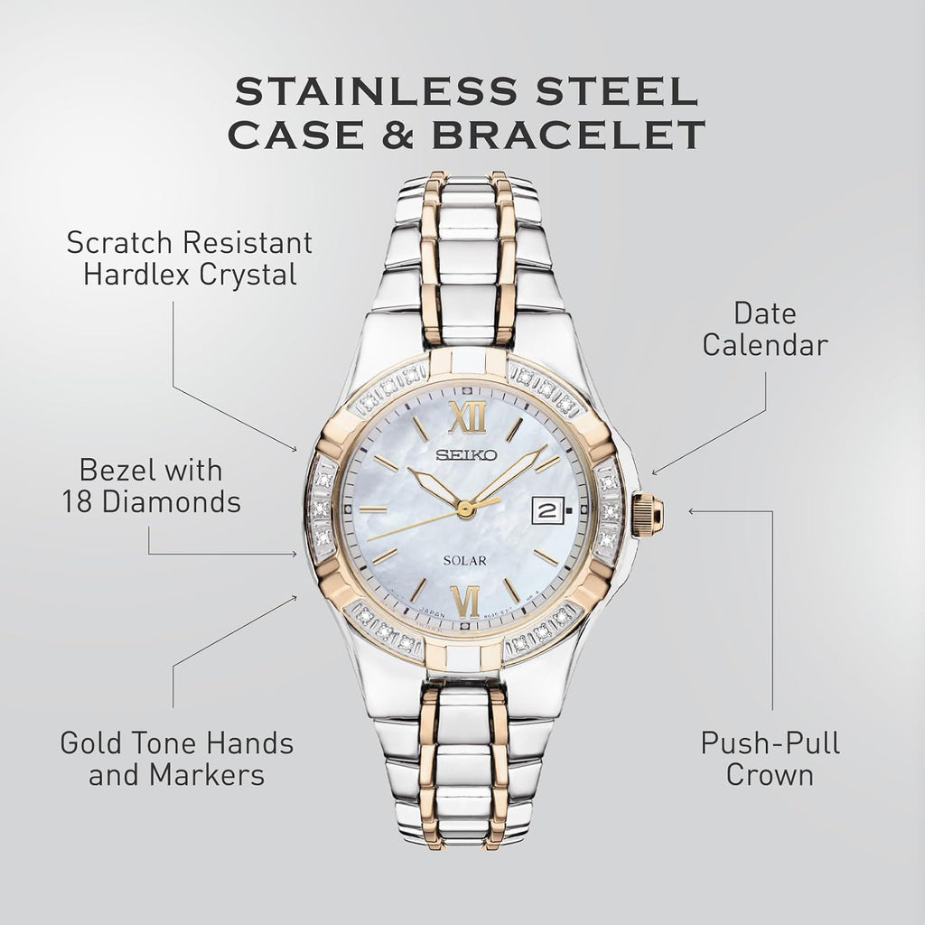 SEIKO SUT068 Watch for Women - Diamond Collection - with 18 Diamond Accents, Solar Power, Mother-of-Pearl Dial, Two-Tone Rose Gold Stainless Steel Case & Bracelet, and Water-Resistant to 50m