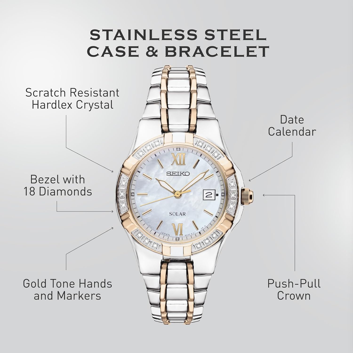SEIKO SUT068 Watch for Women - Diamond Collection - with 18 Diamond Accents, Solar Power, Mother-of-Pearl Dial, Two-Tone Rose Gold Stainless Steel Case & Bracelet, and Water-Resistant to 50m