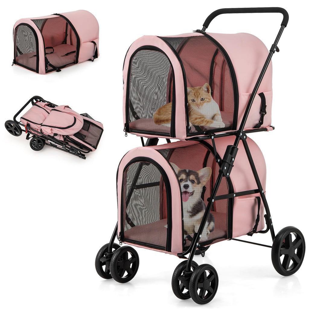 Giantex Double Pet Stroller with 2 Detachable Carrier Bags, Safety Belt, 4 Lockable Wheels, Folding Cat & Dog Stroller for Small Medium Pets, Cats Dogs Puppy Travel Strolling Cart (Beige)