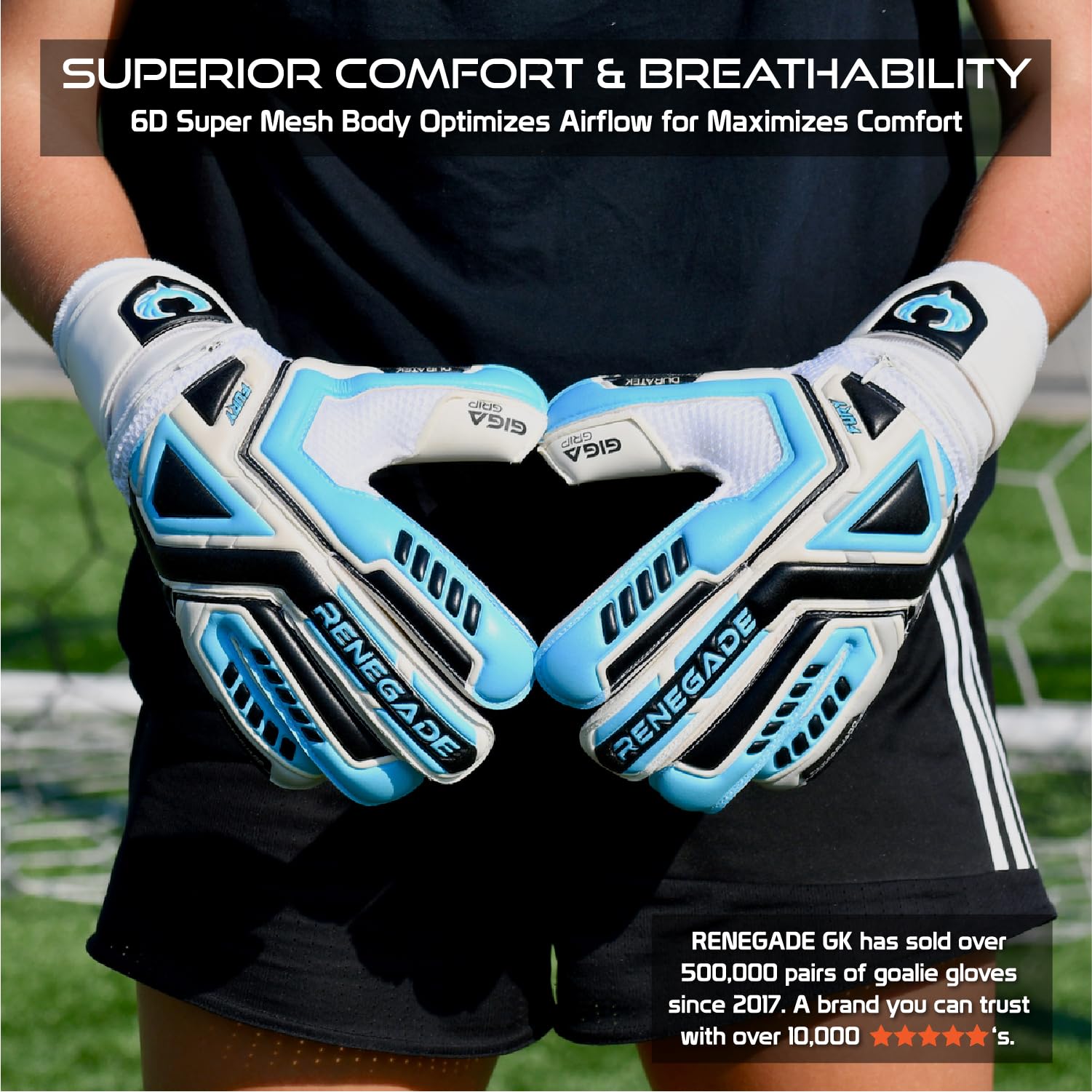 Renegade GK Fury Goalie Gloves with Microbe-Guard - Adult, Youth, Kids (Sizes 6-11) Pro-Tek Fingersaves & 4+3MM Giga Grip | High Performance Pro-Level Goalkeeper Glove | Based in USA