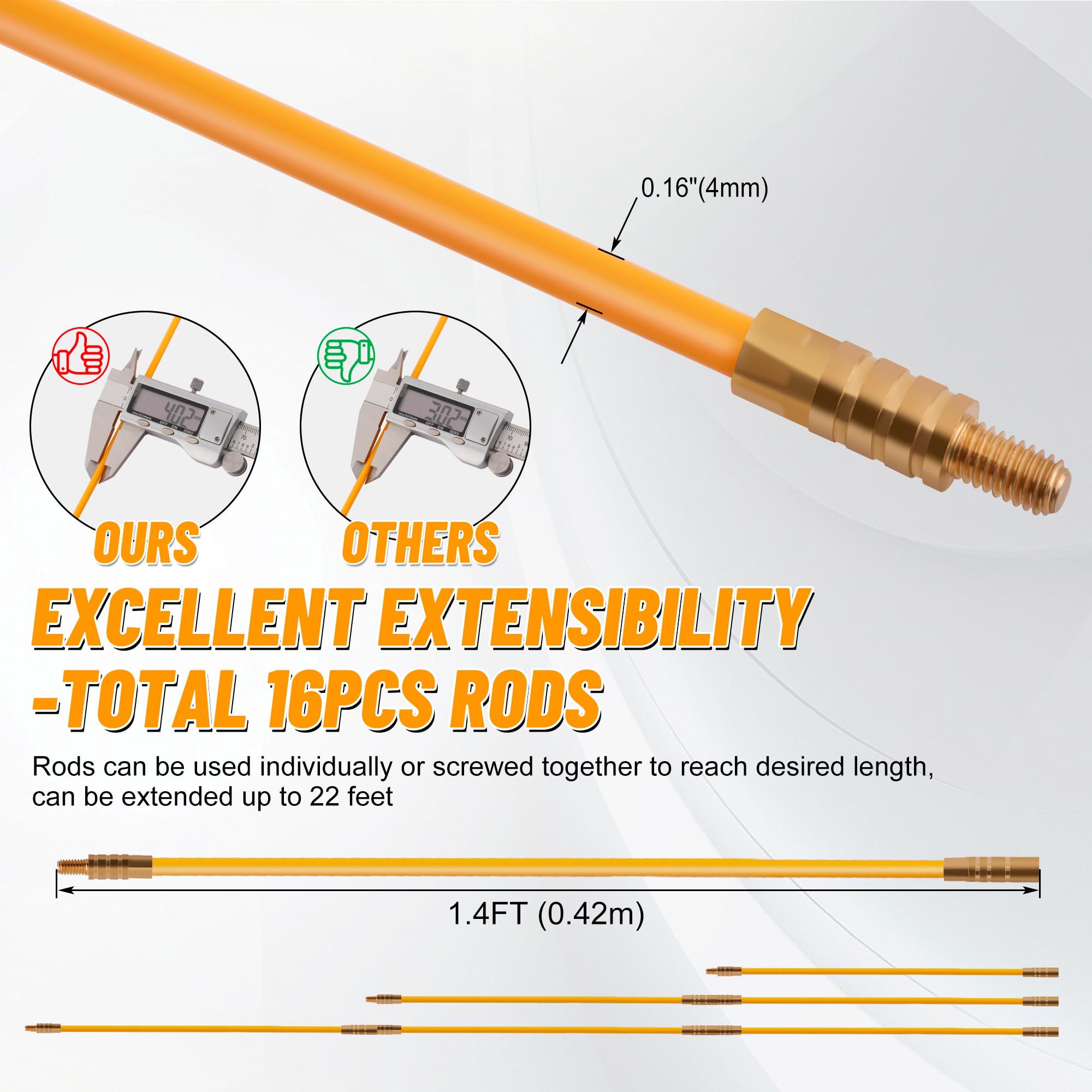 KOOTANS 11FT Fiberglass Running Electrical Wire Cable Glow Rods Wire Pulling Tools Fish Tape Cable Puller Through Wall Snake Fish Rods Kit with Different Attachments
