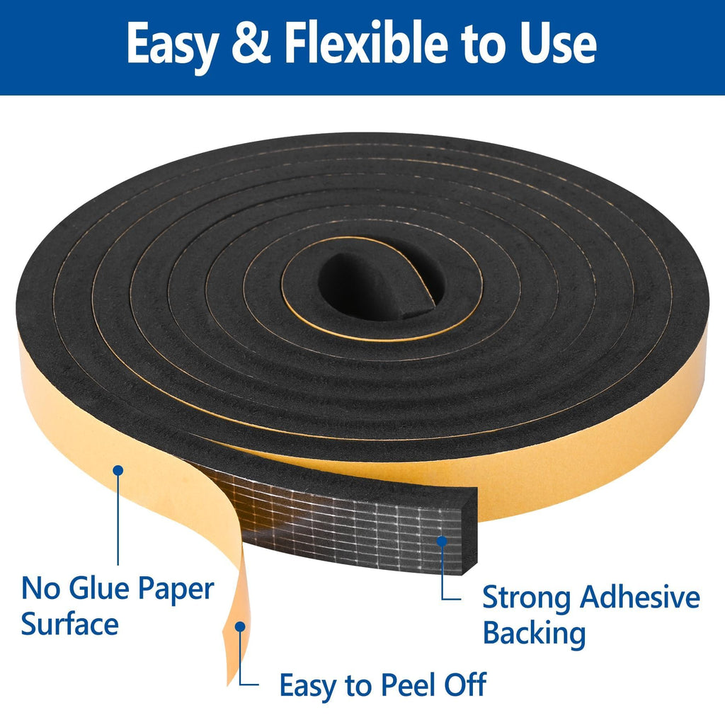 Kikerike Self Adhesive Foam Tape Weatherstrip 1In x 1/2In x 20Ft High Density Foam Insulation Strips Seal Weather Stripping with Strong Adhesive for Door and Window Sound Isolation Soundproofing