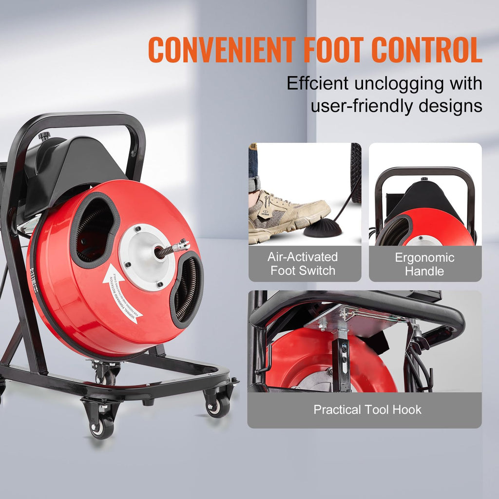 VEVOR 50FT x 1/2Inch Sewer Snake Machine, Drain Cleaning Machine on 4 Wheels, Electri Drain Auger with 4 Cutters & Foot Switch for 1''- 4'' Pipes
