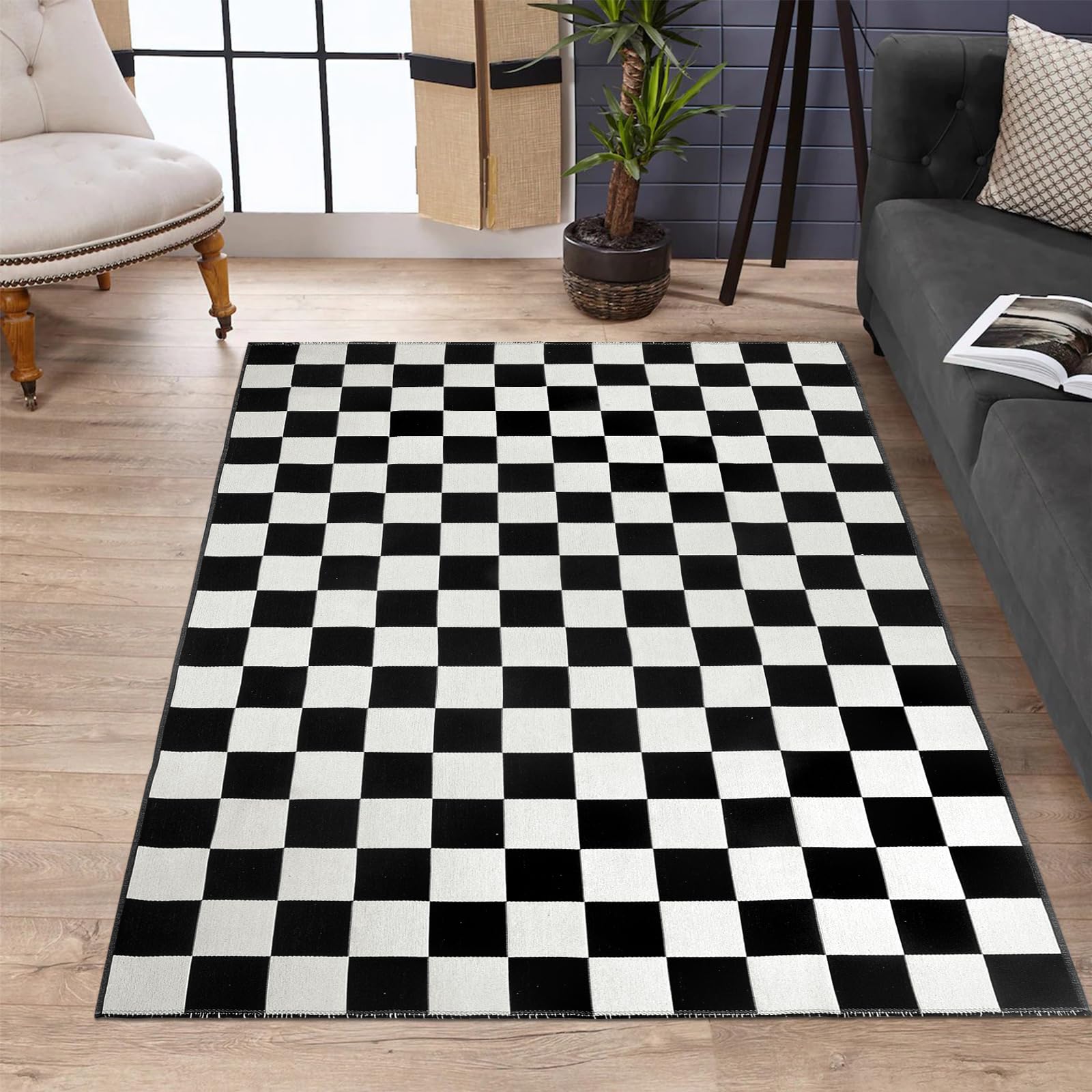 Seavish Checkered Rug, 2x3 Ft Black and White Moroccan Checkerboard Rug Washable Cotton Woven Washable Outdoor Rugs Reversible Floor Mat for Front Door Bedroom Entryway Kitchen Entryway