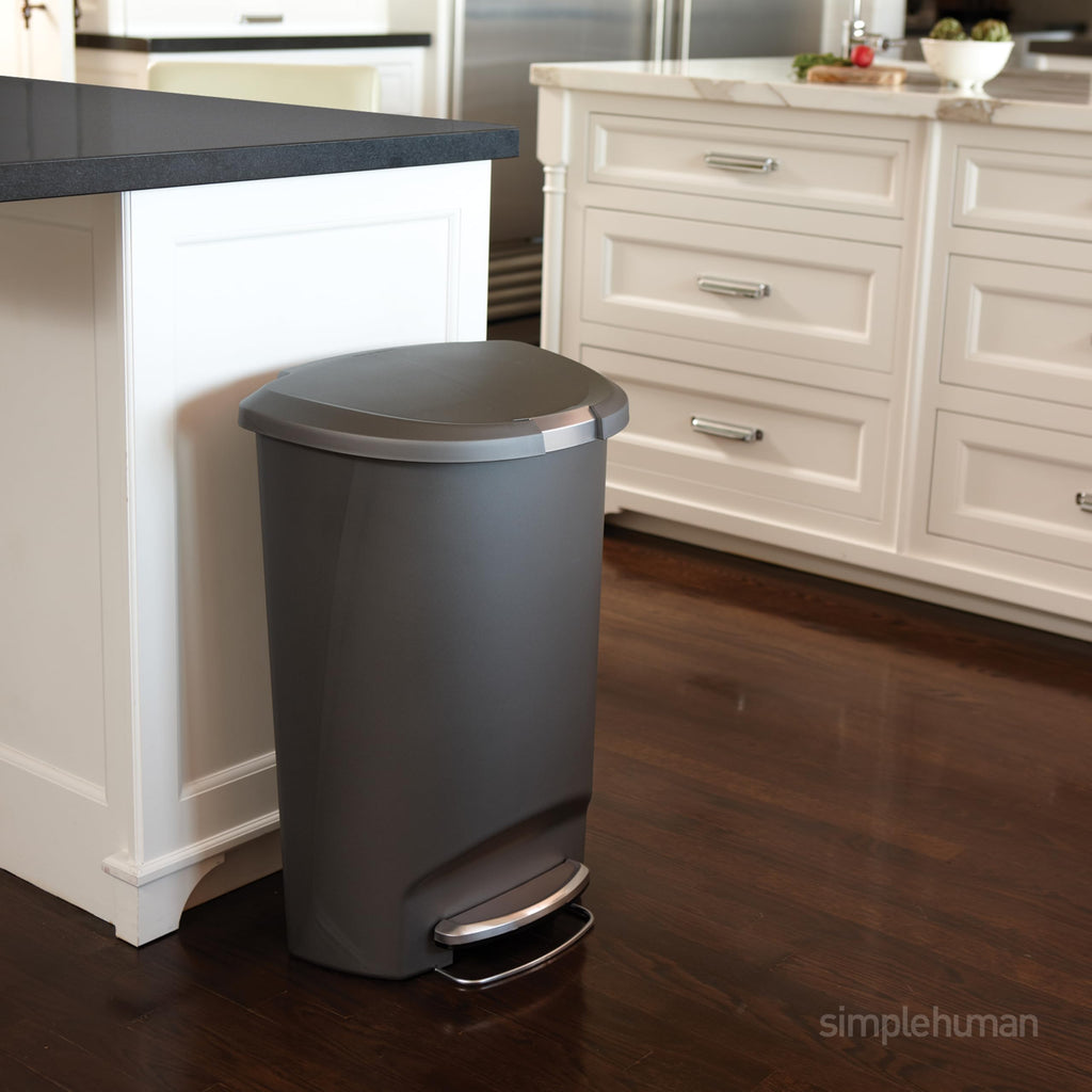 simplehuman 50 Liter / 13 Gallon Semi-Round Kitchen Step Trash Can with Secure Slide Lock, Black Plastic