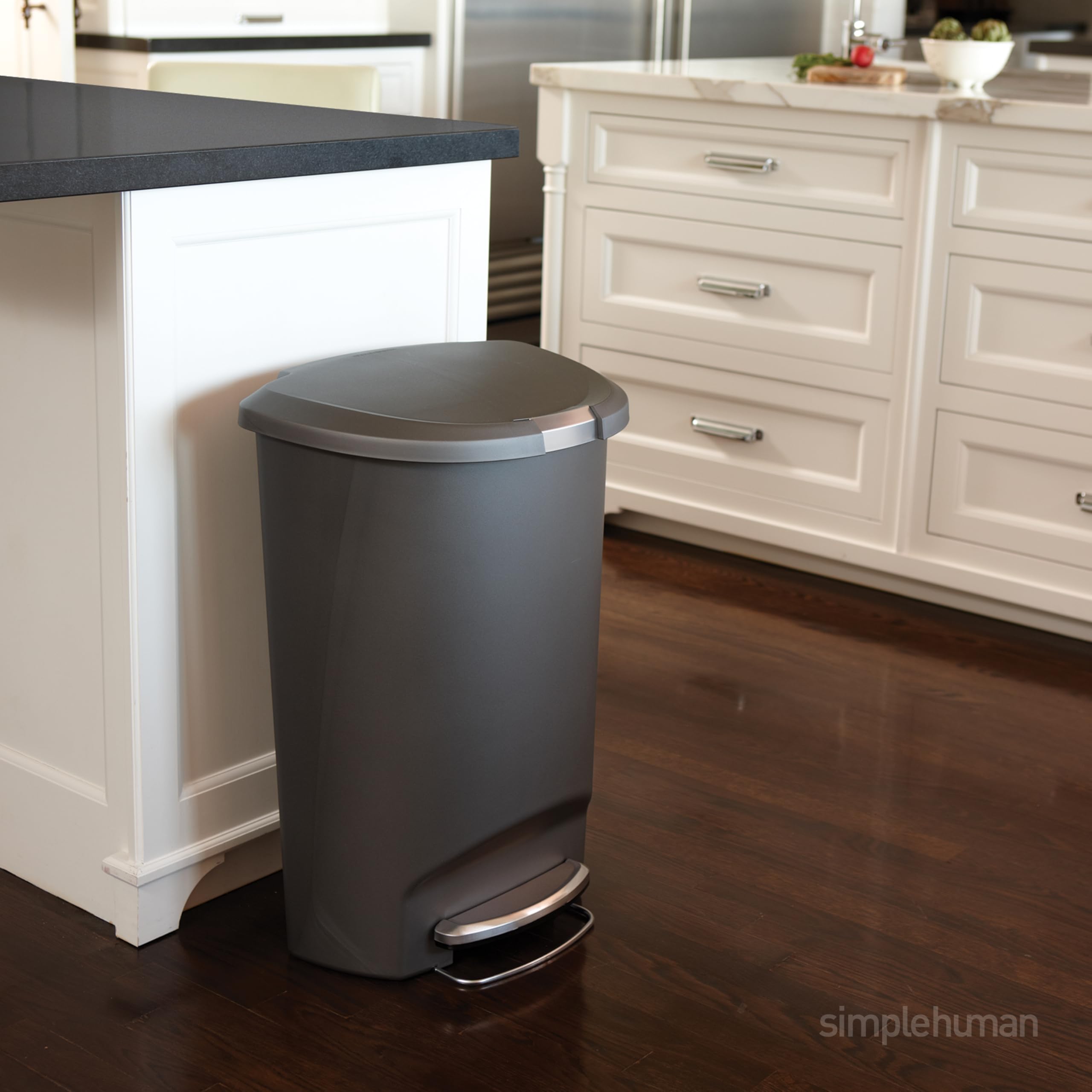 simplehuman 50 Liter / 13 Gallon Semi-Round Kitchen Step Trash Can with Secure Slide Lock, Black Plastic