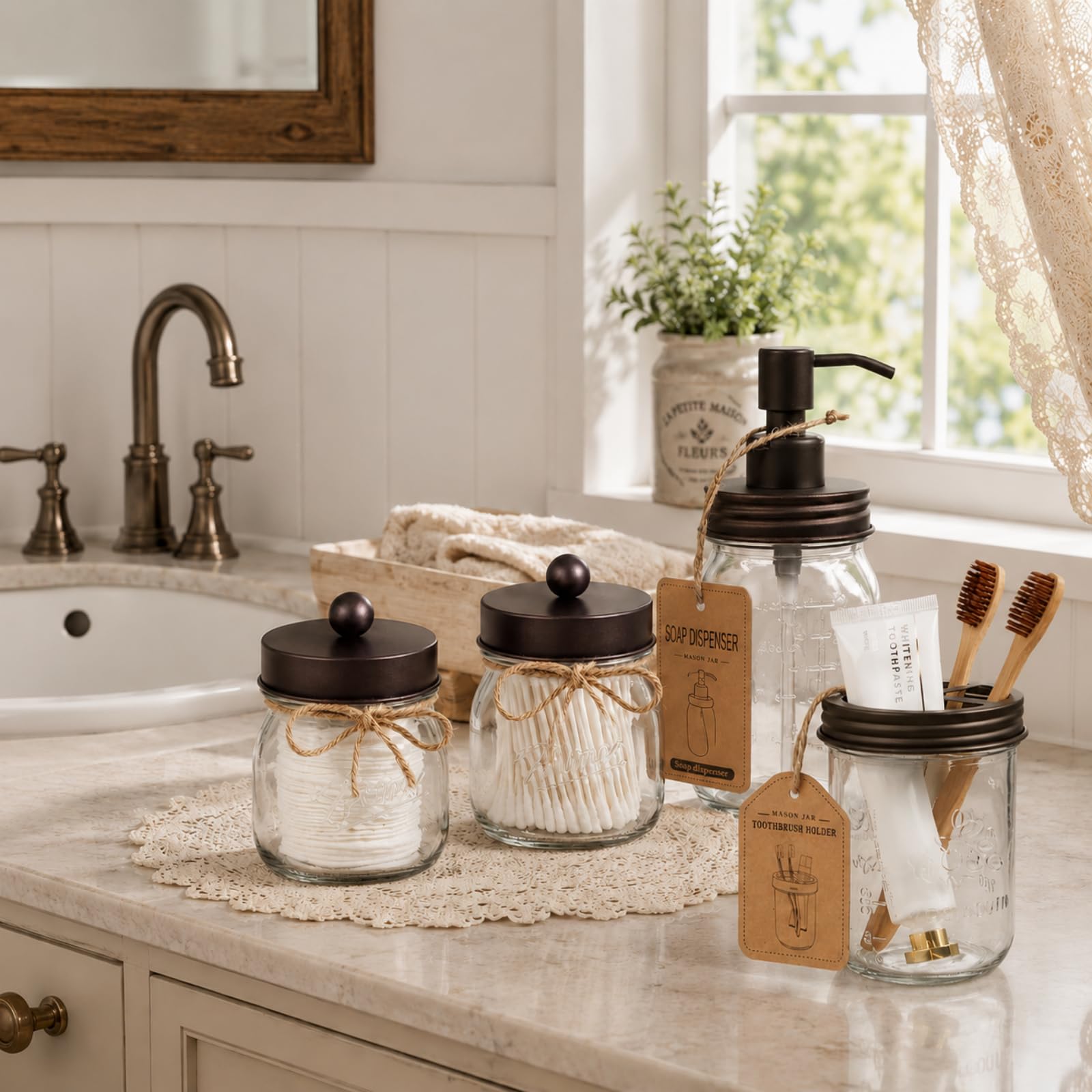 SheeChung 6Pcs Mason Jars Bathroom Accessories Set Complete - Toothbrush Holder, Lotion Soap Dispenser, 2 Mason Jars, Soap Dish, Toilet Paper Basket, Rustic Farmhouse Decor (Black, 6Pcs Bathroom Set)