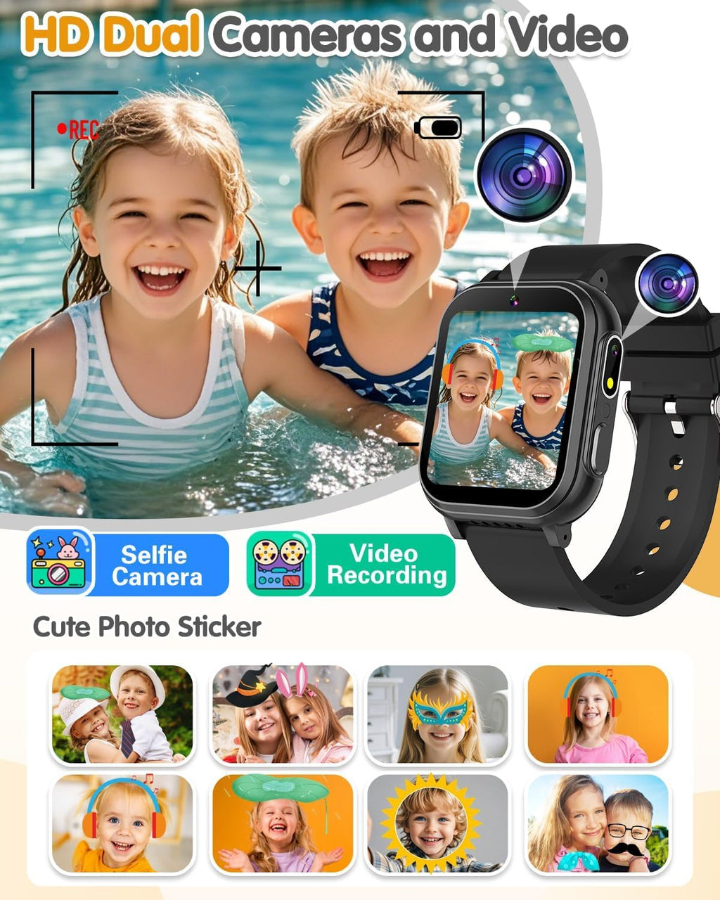 Kids Waterproof Smart Watch Boys Toys Age 5-12 with 32 Games, Dual Camera, Habit Tracking, Music Player, Video, Alarm Clock, HD Touchscreen Watch for Kids Birthday Gift for 3-12 Years Old Boys(Black)