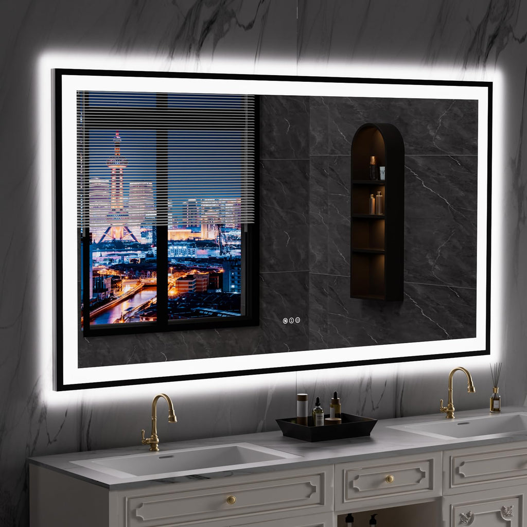 LOAAO 20"X28" LED Bathroom Mirror Black Framed | Anti-Fog, Dimmable, Memory Function, Tempered Glass, Lighted Vanity Mirror for Wall