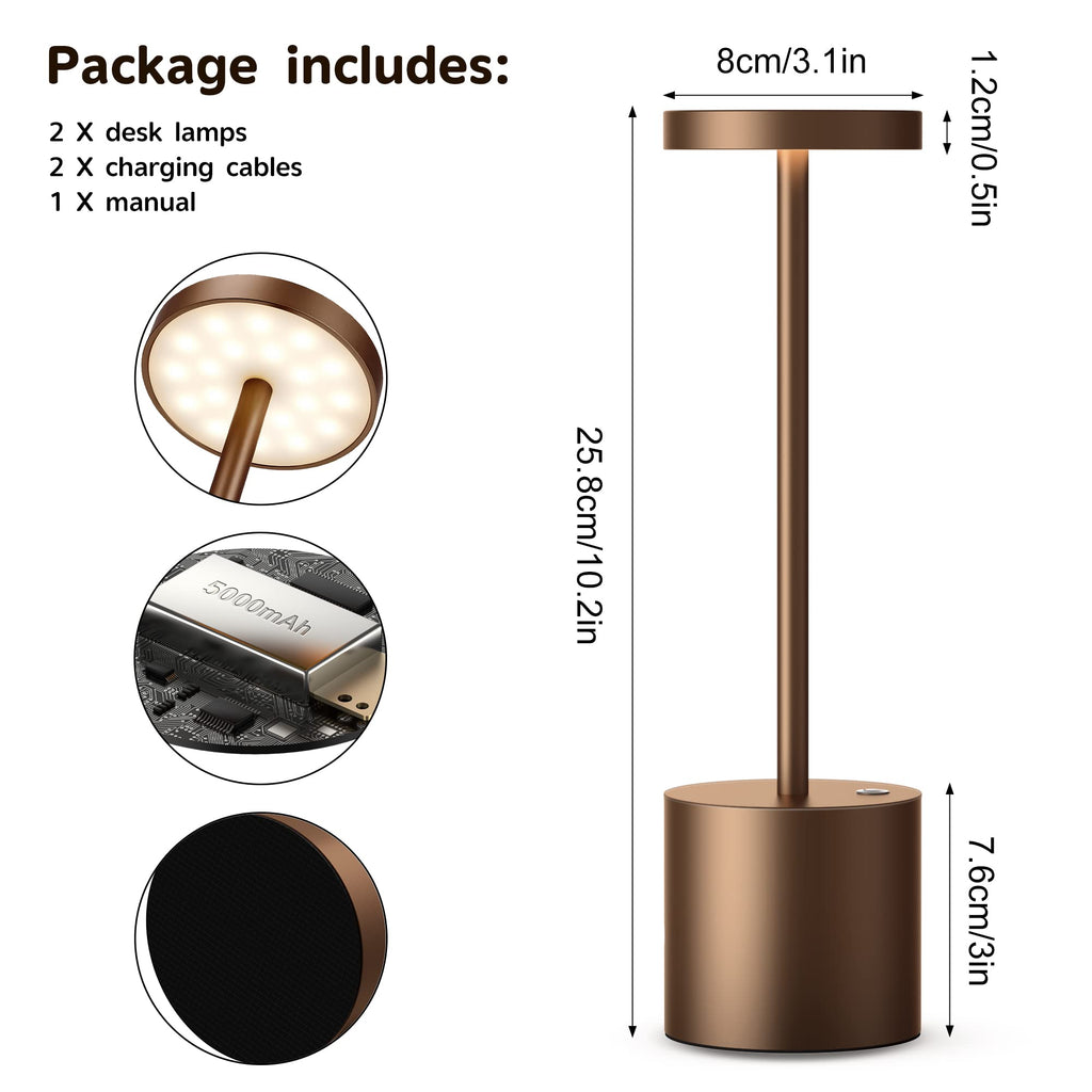 2Pack Cordless Table Lamp, Rechargeable LED Battery 5000mAh Metal USB Portable Powered Desk Lamp, 3 Levels Brightness Light for Restaurants Outdoor (2pack 10.25in Titanium)