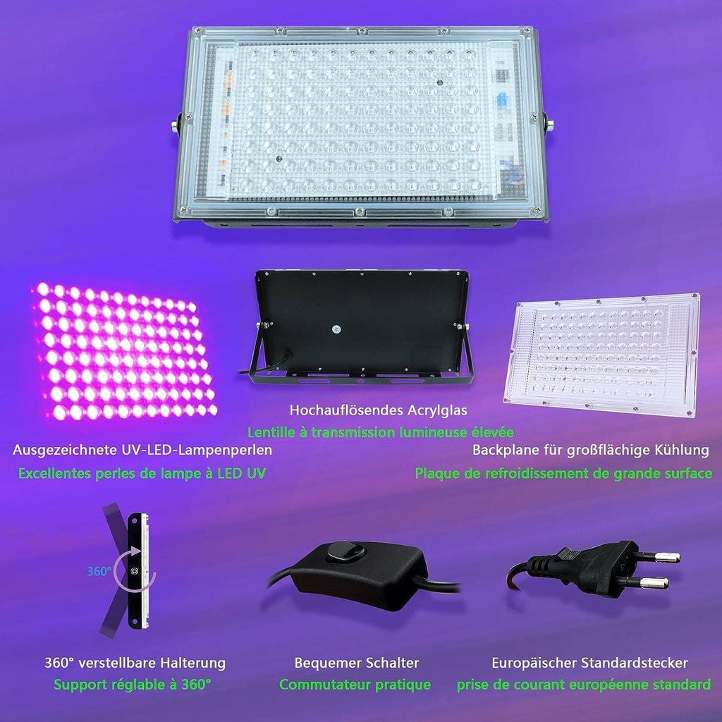 100W LED Black Light, Powerful UV Spotlight, IP66, 395nm UV Lamp for Christmas, Halloween Glow Party (1 Pack)
