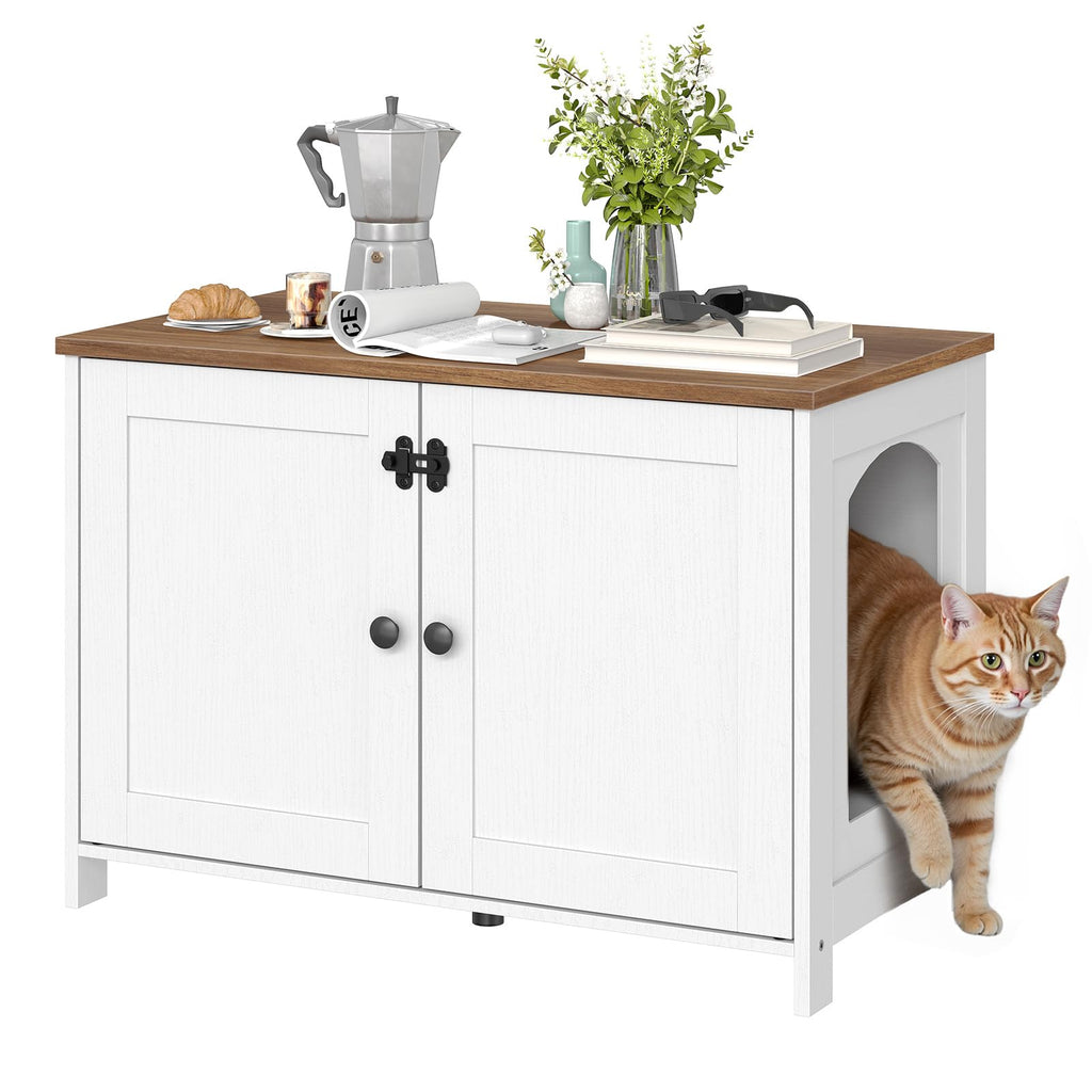 HOOBRO Litter Box Enclosure, Cat Litter Box Furniture with Removable Divider, Large Hidden Litter Box Furniture, Wooden Cat House, End Side Table, 31" L x 17.5" W x 19.7" H, Greige BG03MW01G2