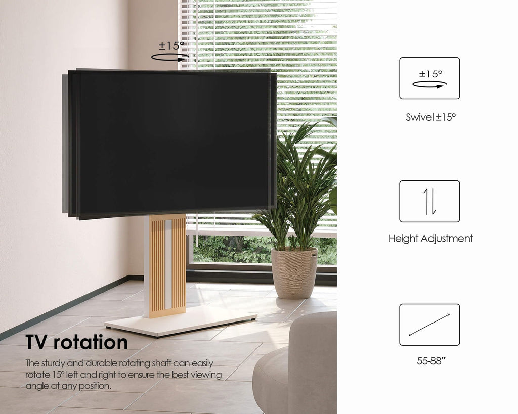 FITUEYES Wood TV Stand Swivel Mount with Hidden Back Storage for 32-65 inch TV Screens, Scandinavian Style Tall Floor TV Stand for Home Decor with Reinforced Base, Zen Series, Black