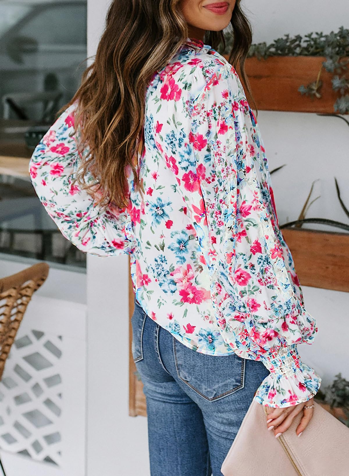 Biucly Women's Casual Boho Floral Print V Neck Long Sleeve Drawstring Tops Loose Blouses Button Down Shirts