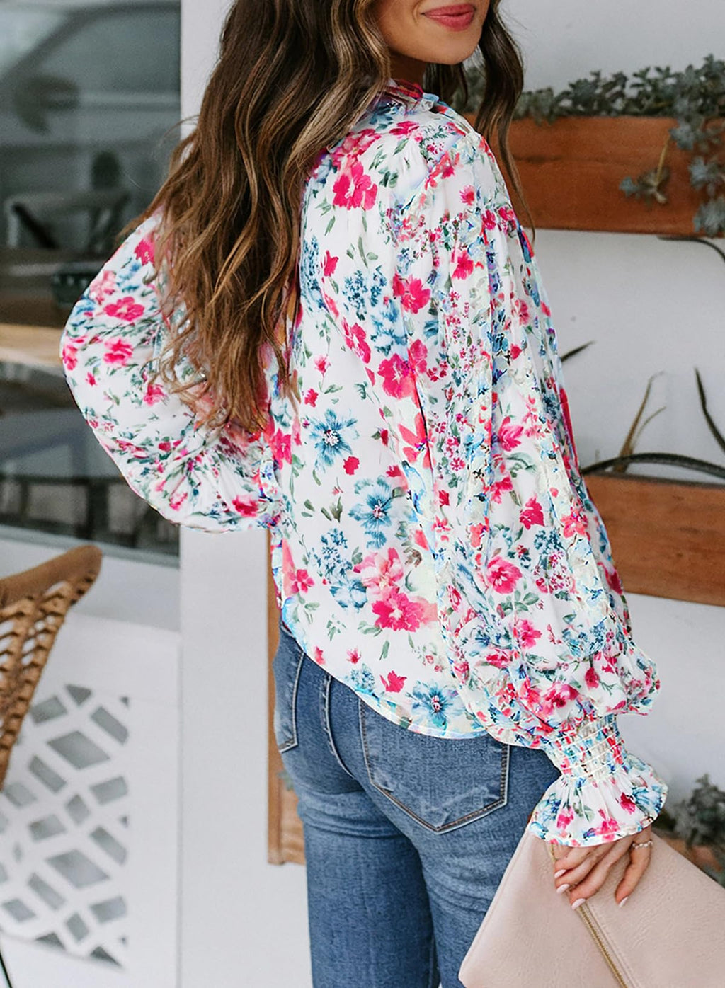 Biucly Women's Casual Boho Floral Print V Neck Long Sleeve Drawstring Tops Loose Blouses Button Down Shirts