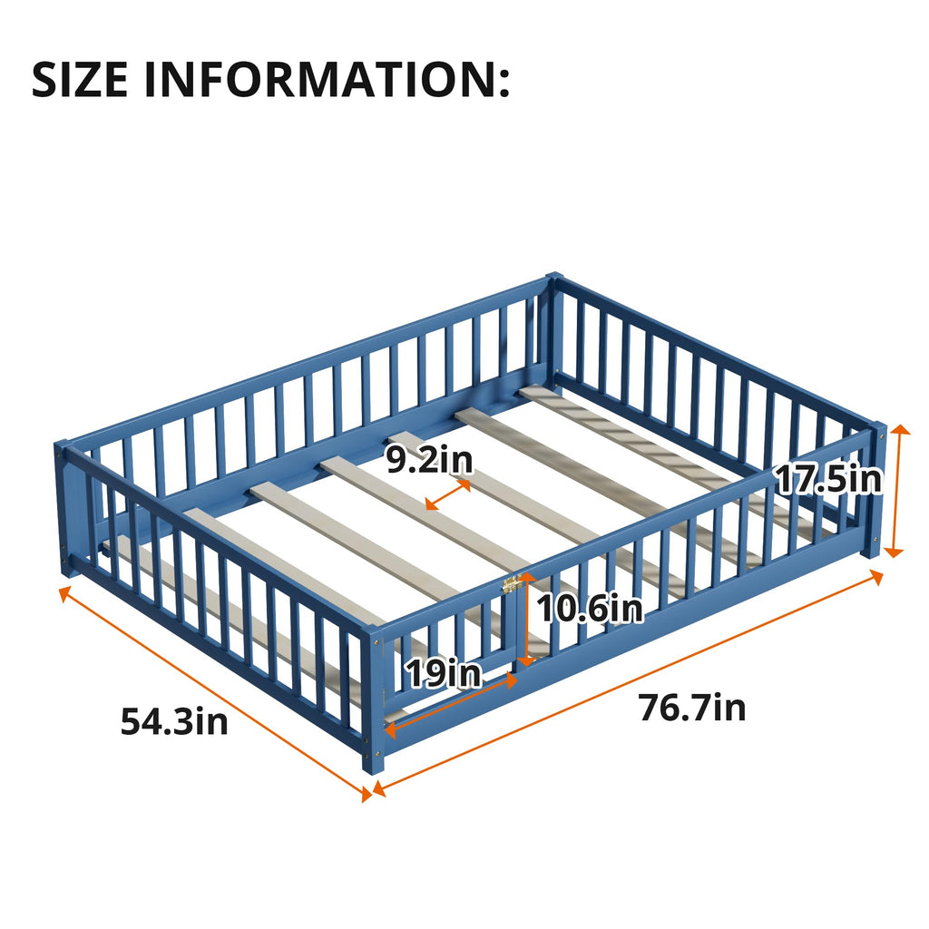 i-POOK Queen Floor Bed for Children, Sturdy Wood Montessori Bed Frame with Wood Slats, High Fence & Small Door for Girls and Boys, Espresso (with Bed Slats)